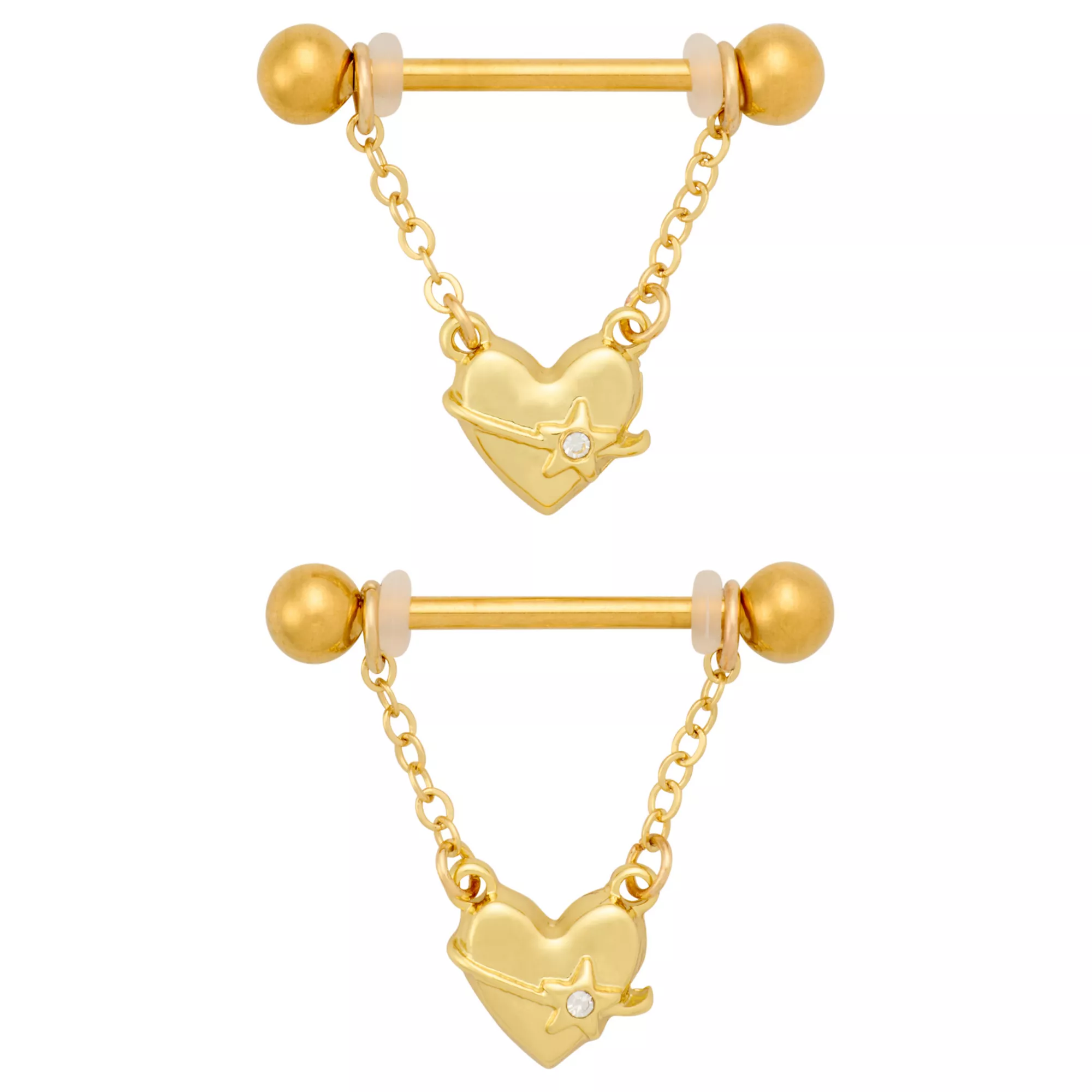 Gold-Plated Shooting Star Heart Dangle Nipple Barbells - 14 Gauge at Spencer's