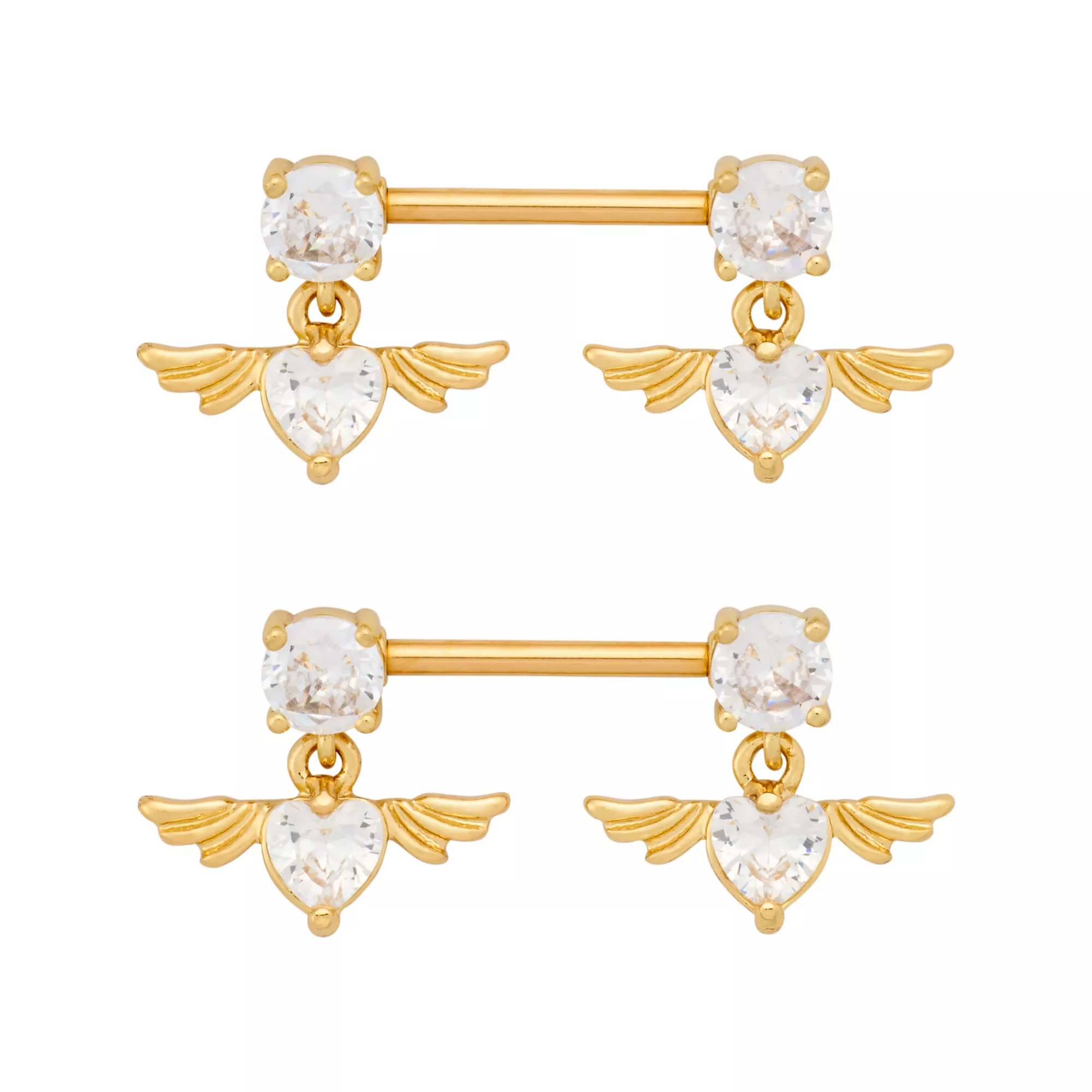 CZ Titanium Gold-Tone Heart Wings Nipple Barbells 2 Pack - 14 Gauge at Spencer's