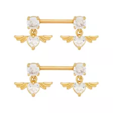CZ Titanium Gold-Tone Heart Wings Nipple Barbells 2 Pack - 14 Gauge at Spencer's