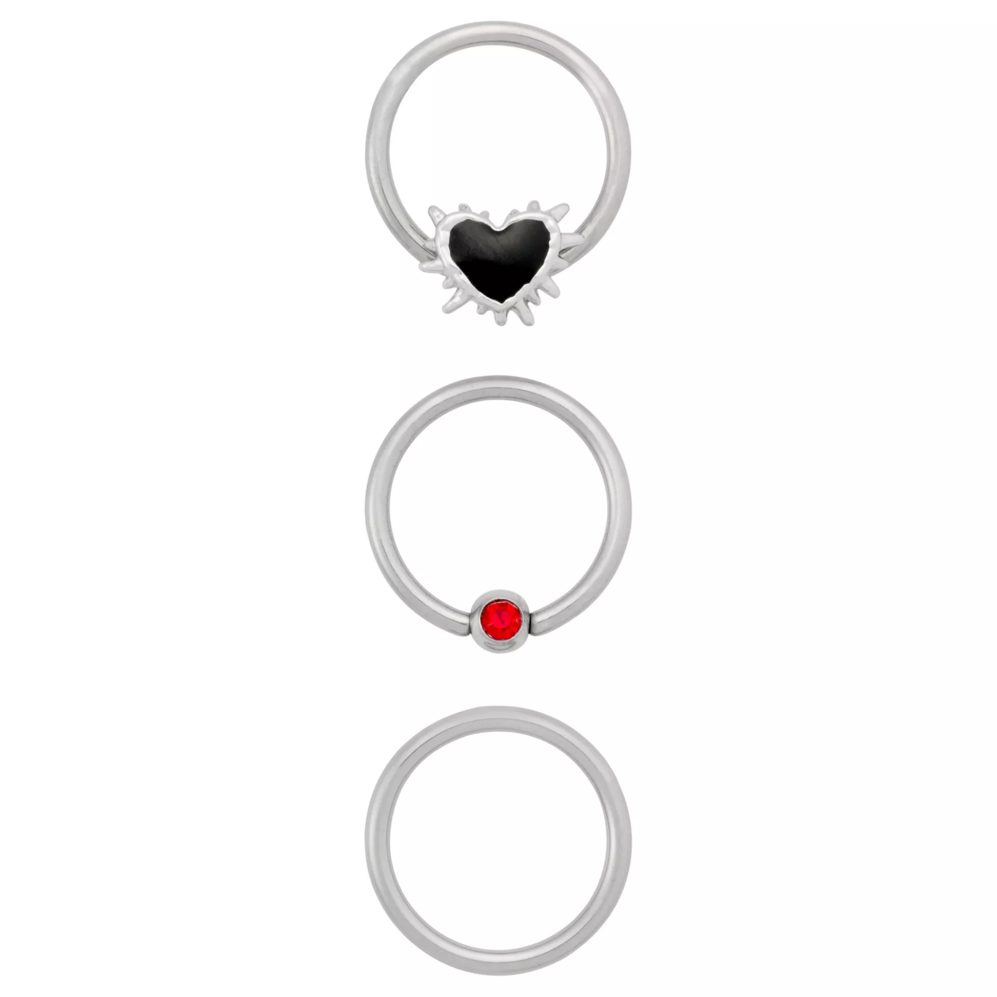 Multi-Pack CZ Silver-Tone Titanium Spiked Heart Hinged Hoop Rings 3 Pack - 16 Gauge at Spencer's