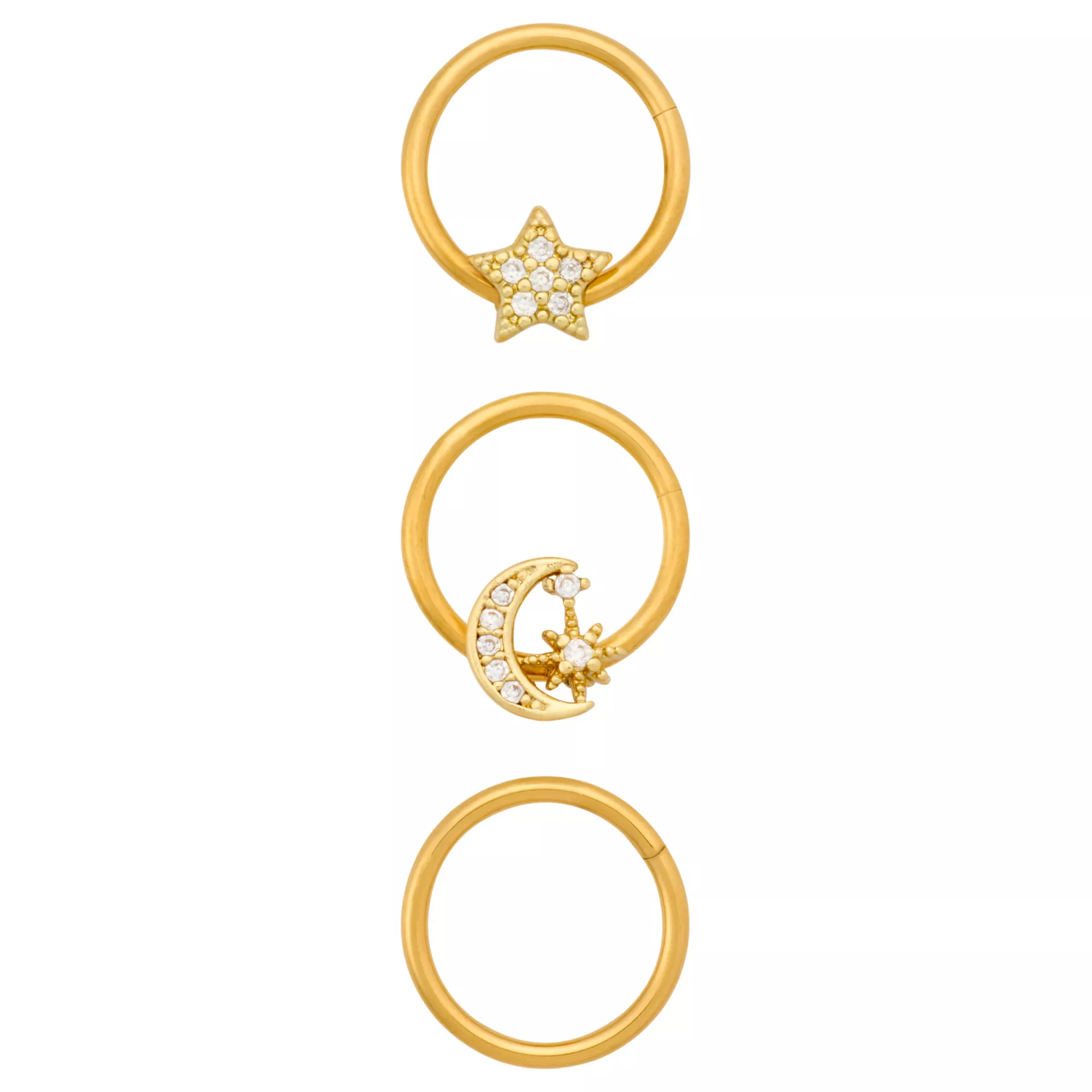 Multi-Pack CZ Gold-Plated Titanium Star & Moon Hinged Hoop Rings 3 Pack - 16 Gauge at Spencer's