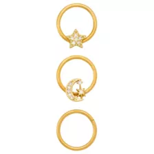 Multi-Pack CZ Gold-Plated Titanium Star & Moon Hinged Hoop Rings 3 Pack - 16 Gauge at Spencer's