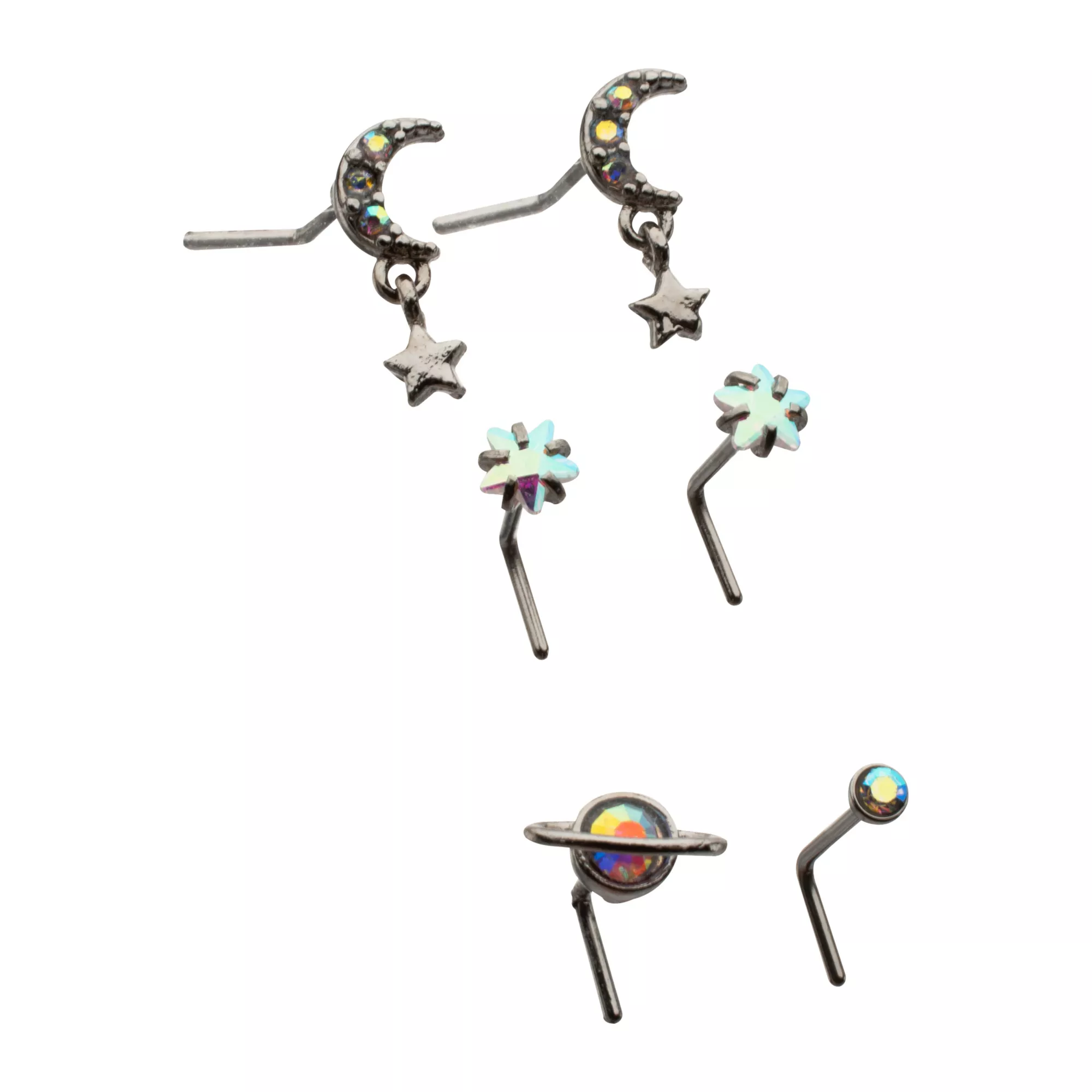 Multi-Pack CZ Moon and Star L-Bend Nose Rings - 6 Pack