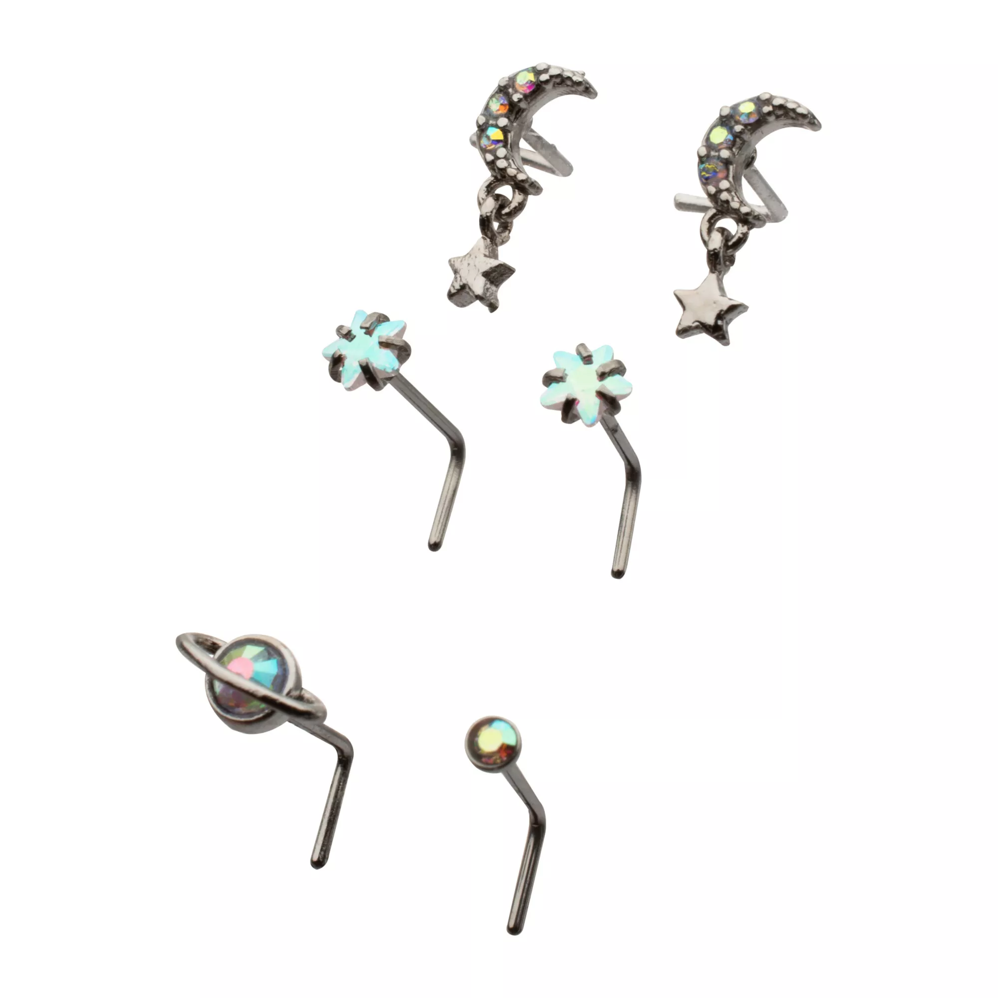 Multi-Pack CZ Moon and Star L-Bend Nose Rings - 6 Pack