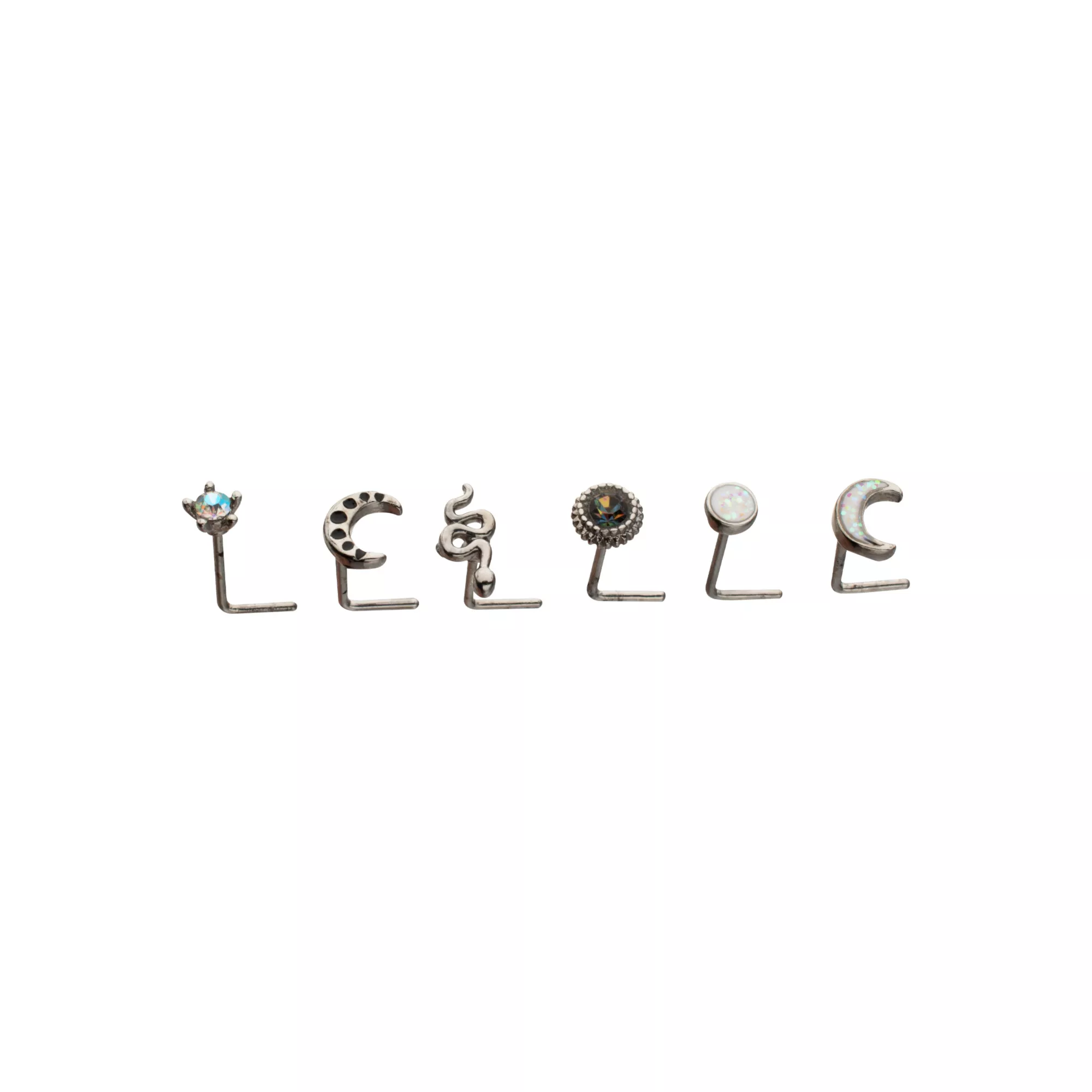 Multi-Pack CZ Star and Moon L-Bend Nose Rings 6 Pack - 20 Gauge