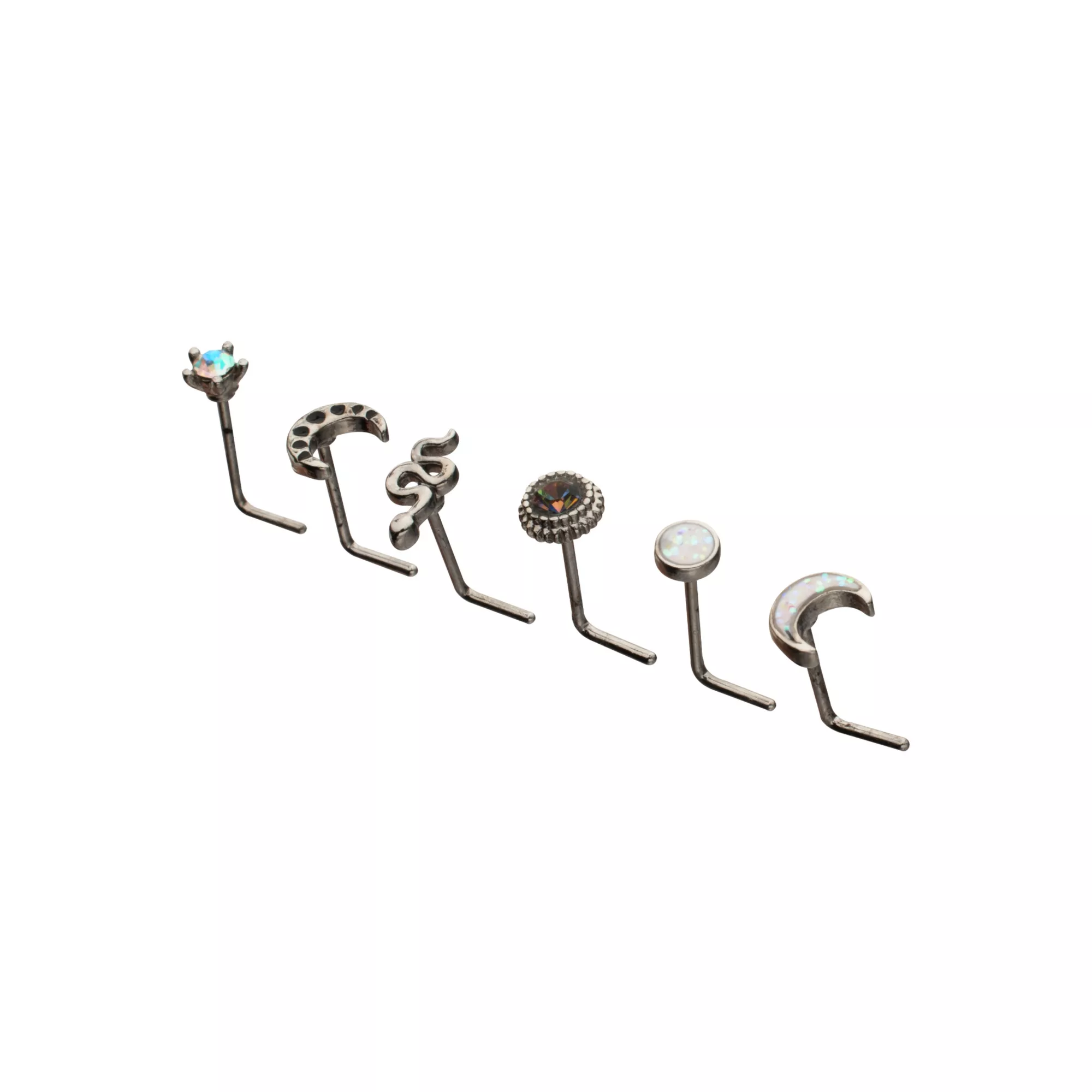 Multi-Pack CZ Star and Moon L-Bend Nose Rings 6 Pack - 20 Gauge