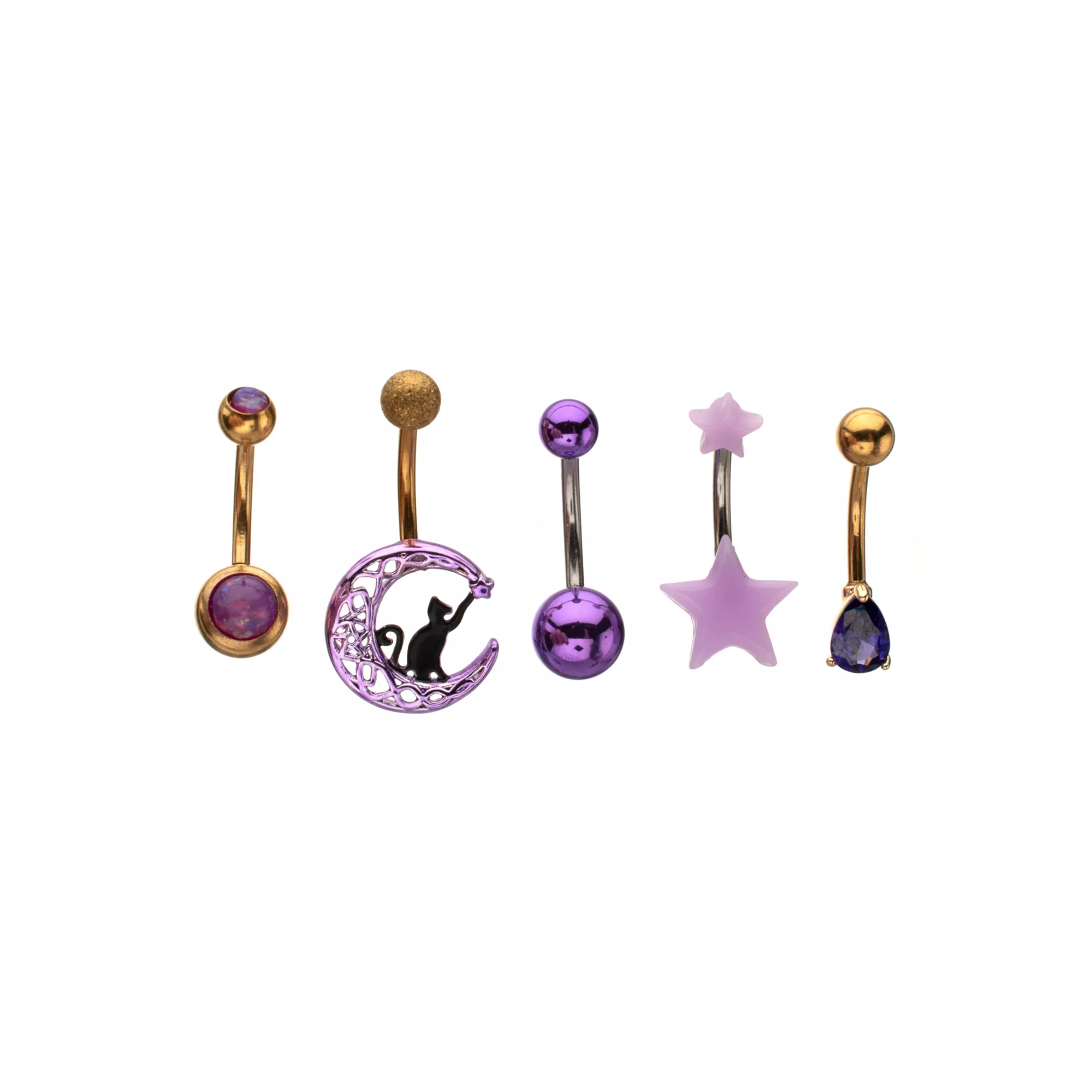 Multi-Pack Purple CZ Witchy Gold-Tone Belly Rings 4 Pack - 14 Gauge