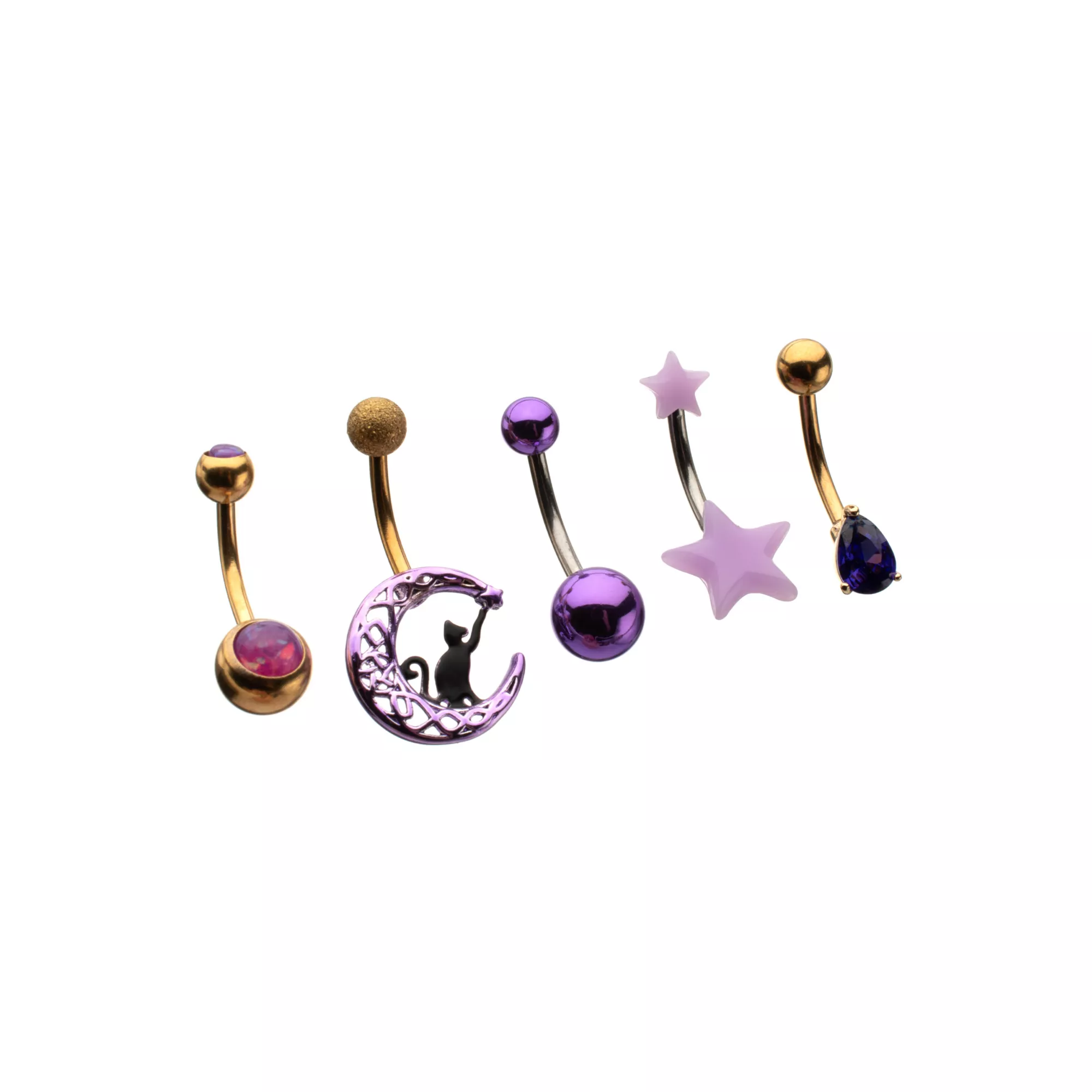Multi-Pack Purple CZ Witchy Gold-Tone Belly Rings 4 Pack - 14 Gauge