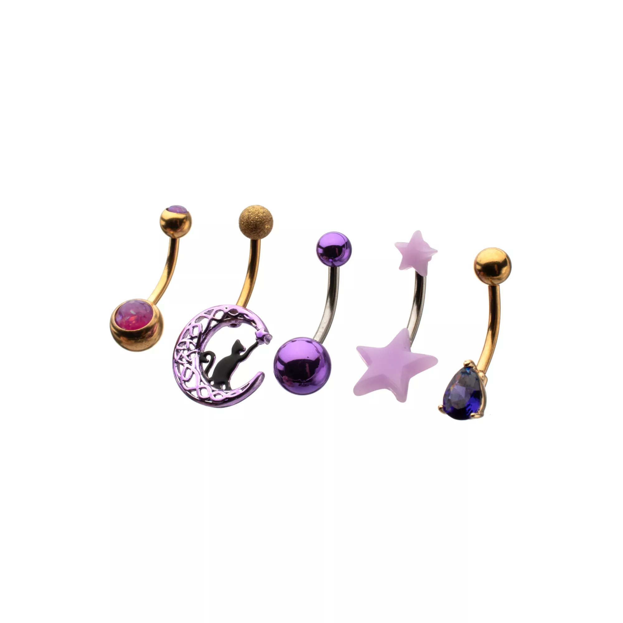 Multi-Pack Purple CZ Witchy Gold-Tone Belly Rings 4 Pack - 14 Gauge