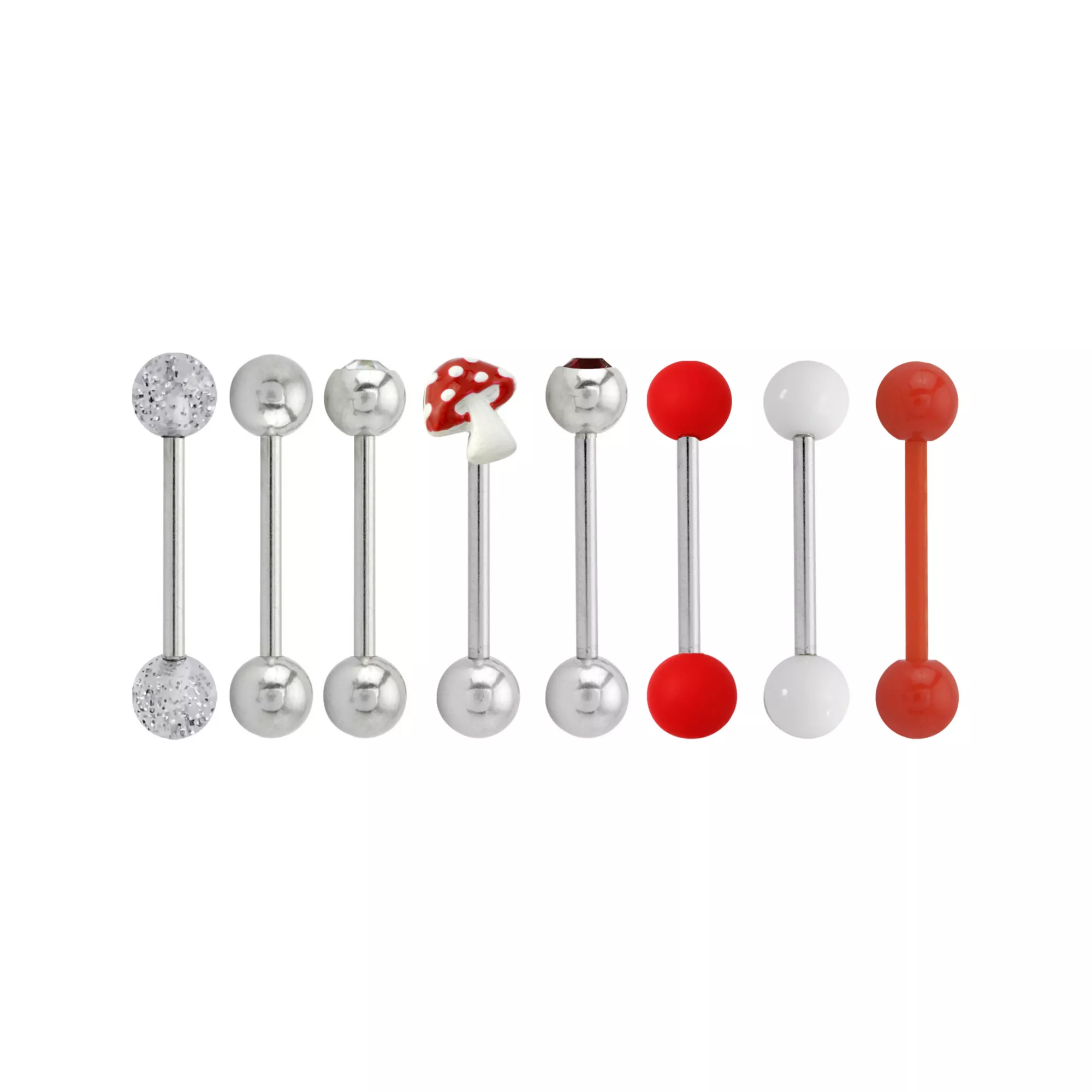 Multi-Pack CZ Silver-Tone Mushroom Barbells 8 Pack - 14 Gauge