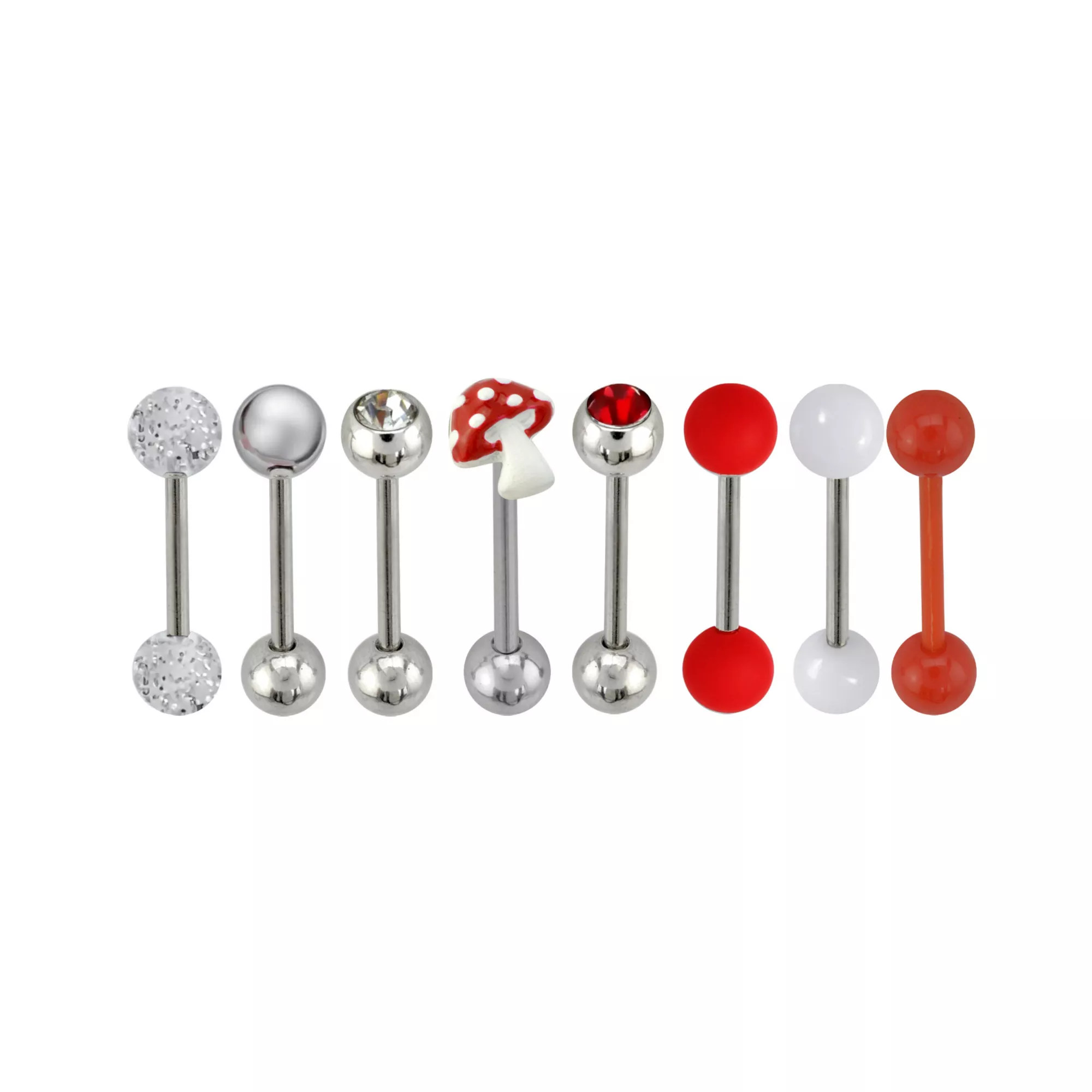 Multi-Pack CZ Silver-Tone Mushroom Barbells 8 Pack - 14 Gauge
