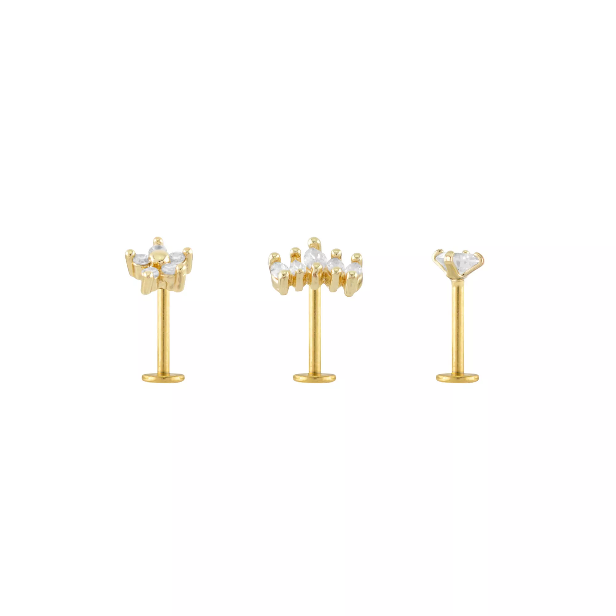 Multi-Pack CZ Shape Gold-Plated Labret Lip Rings - 3 Pack