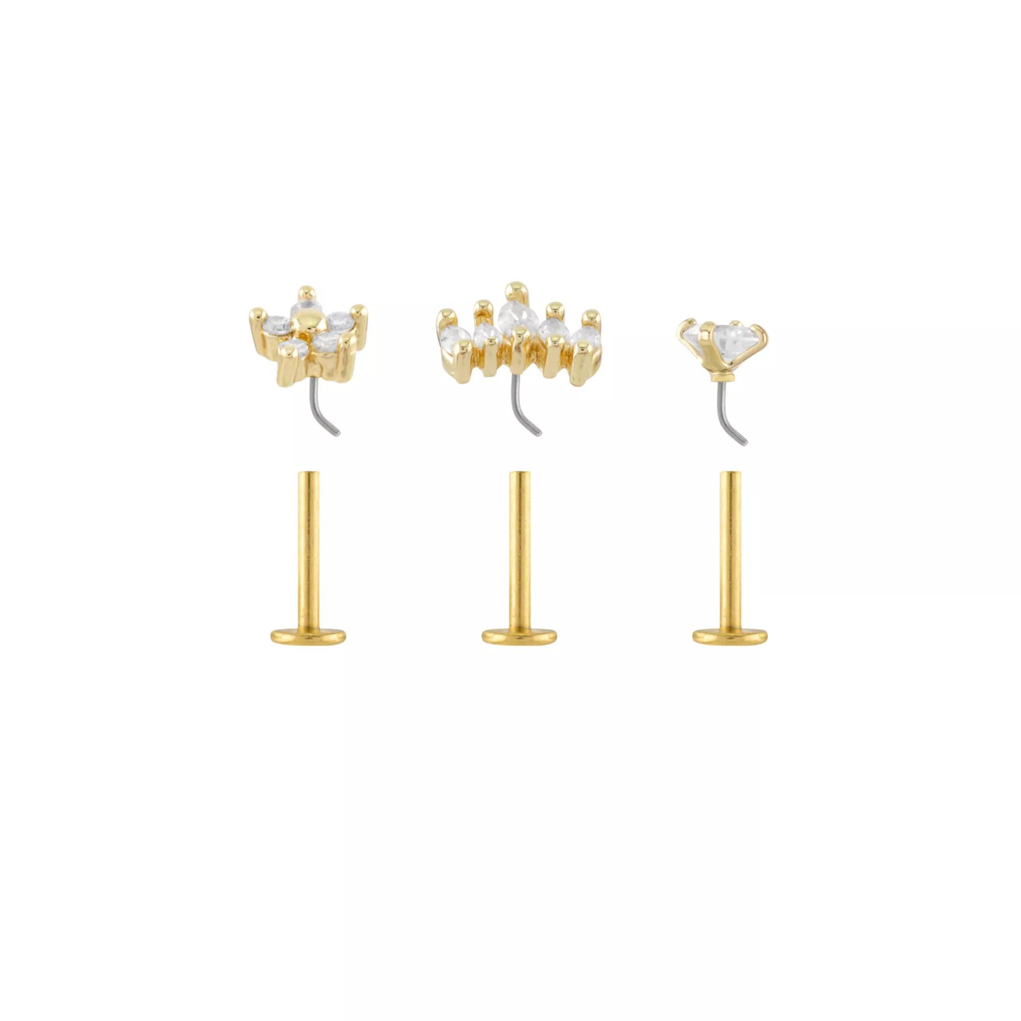 Multi-Pack CZ Shape Gold-Plated Labret Lip Rings - 3 Pack