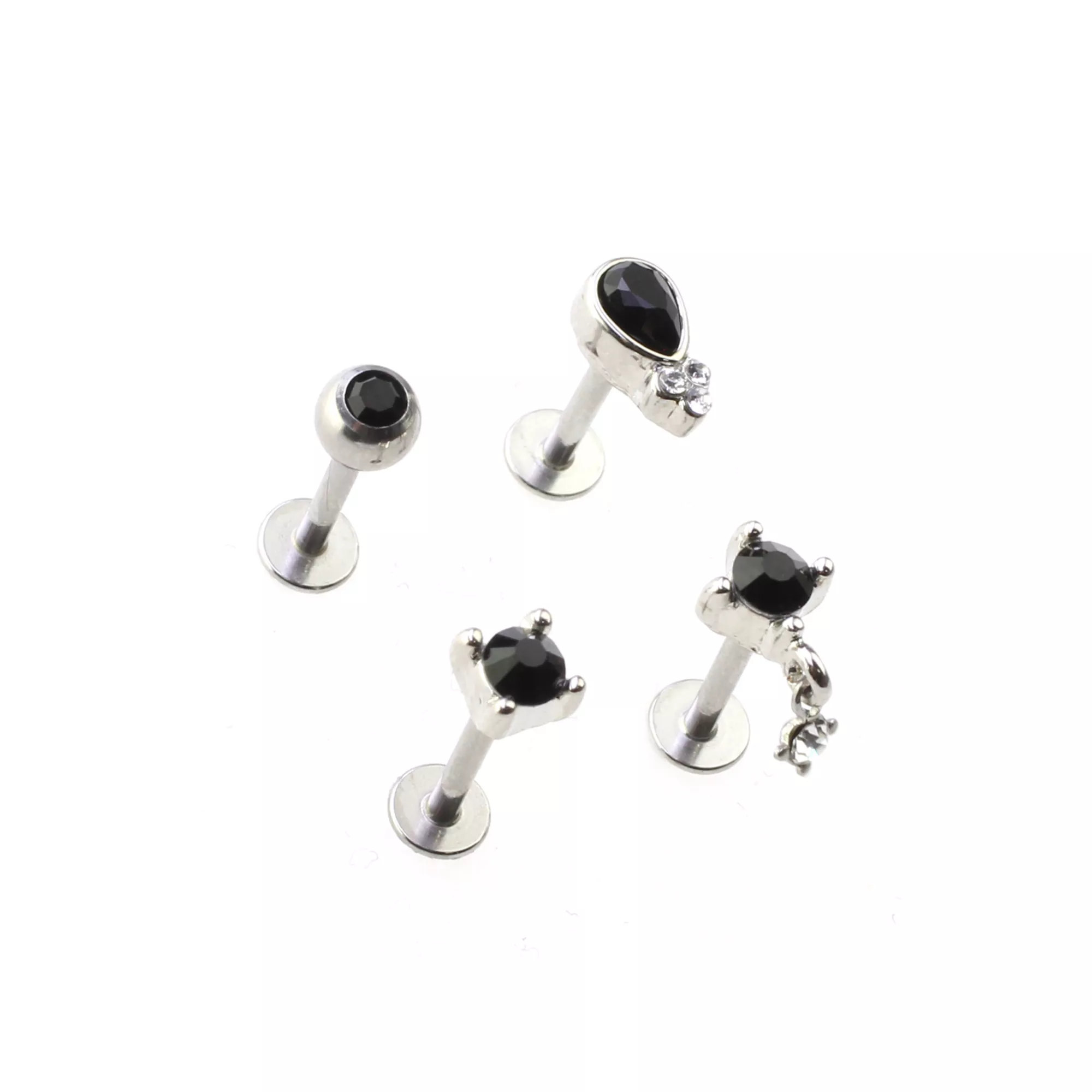 Multi-Pack Black Round Tear Drop Cartilage Earrings 4 Pack - 16 Gauge