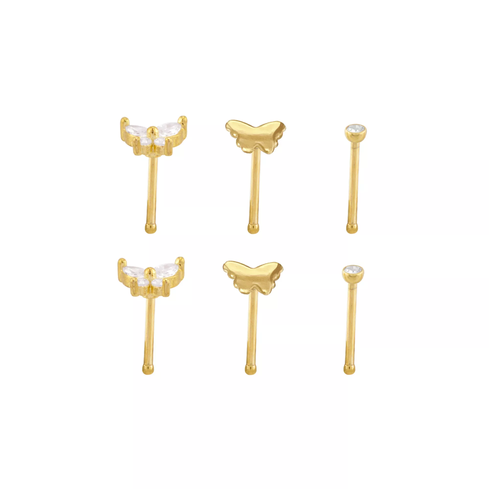 Multi-Pack CZ Butterfly Gold-Tone Titanium Nose Pins 6 Pack - 20 Gauge at Spencer's