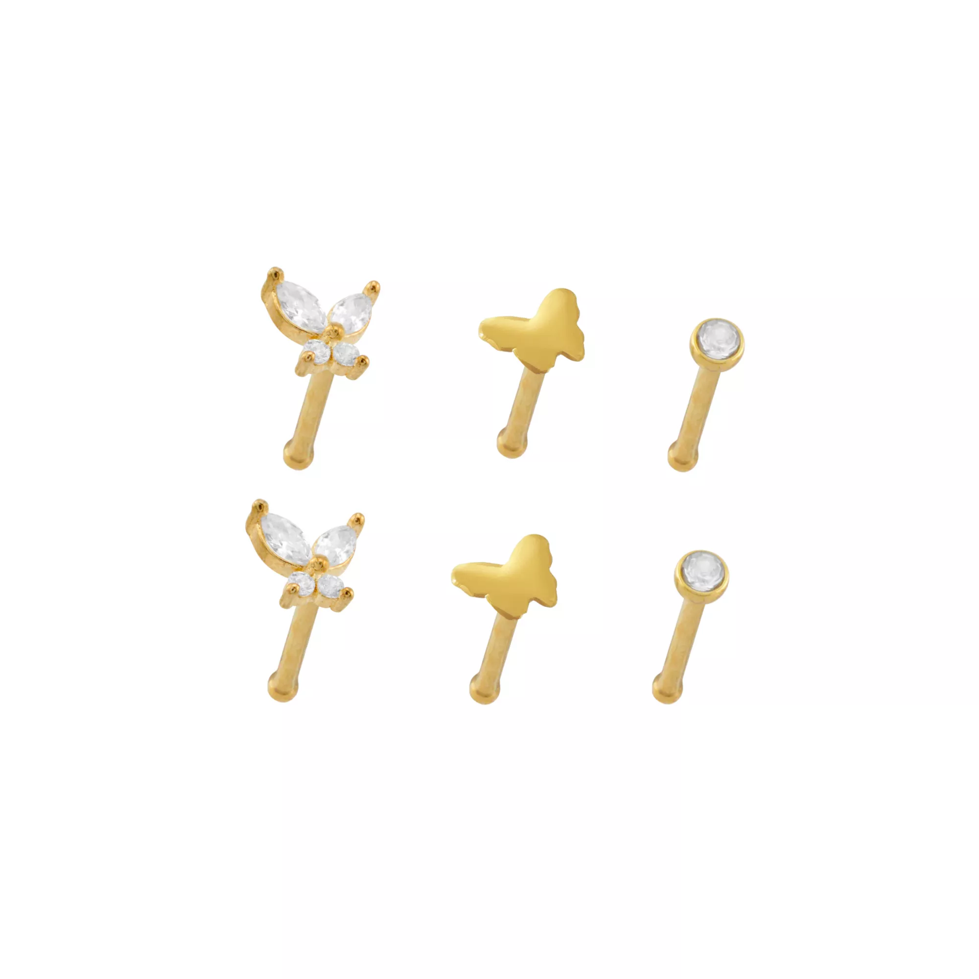 Multi-Pack CZ Butterfly Gold-Tone Titanium Nose Pins 6 Pack - 20 Gauge at Spencer's