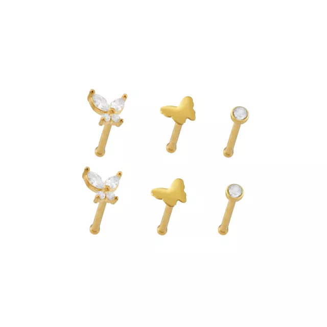 Multi-Pack CZ Butterfly Gold-Tone Titanium Nose Pins 6 Pack - 20 Gauge at Spencer's