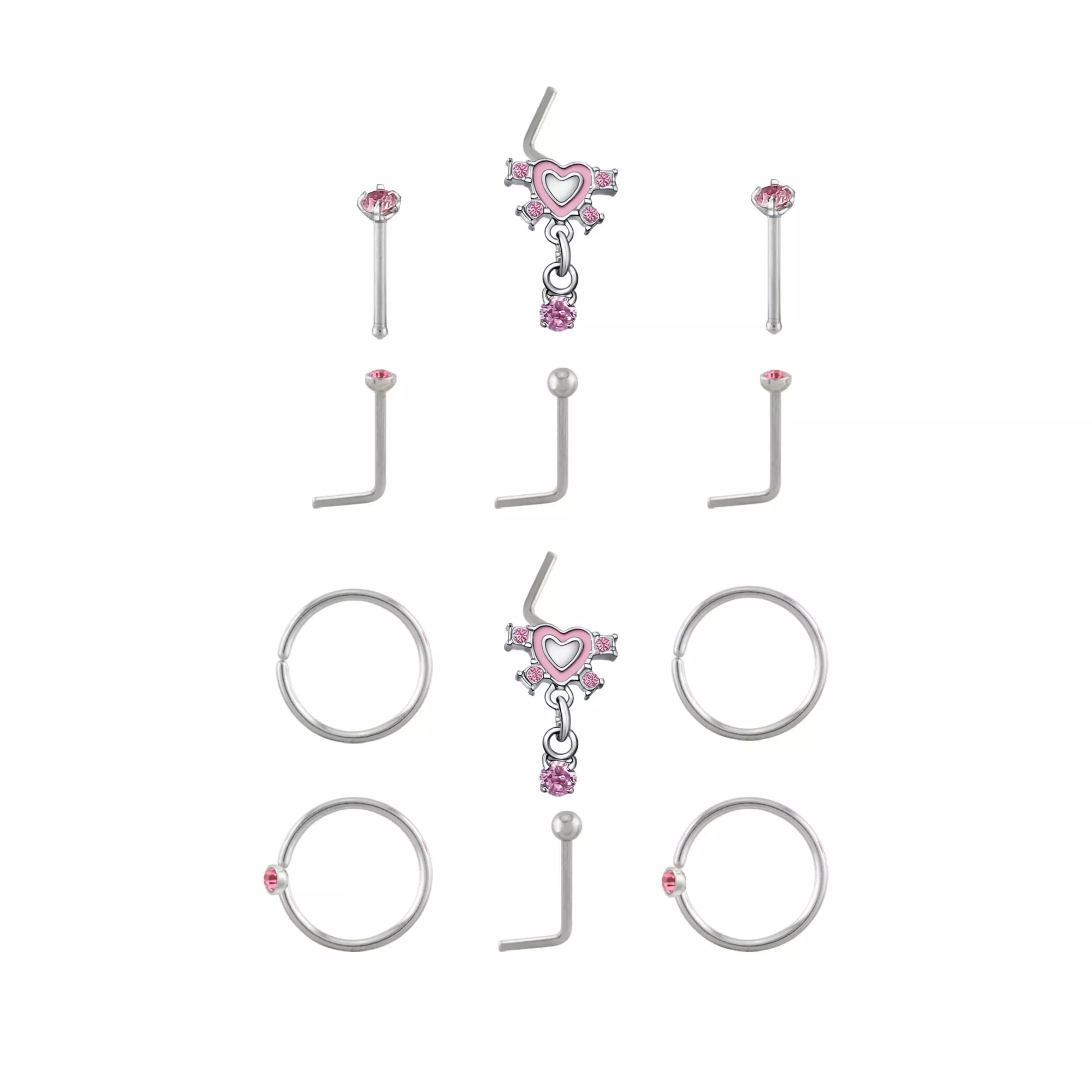 Multi-Pack CZ Pink Heart Titanium L-Bend Pin and Hoop Nose Rings 12 Pack - 20 Gauge at Spencer's