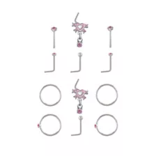 Multi-Pack CZ Pink Heart Titanium L-Bend Pin and Hoop Nose Rings 12 Pack - 20 Gauge at Spencer's