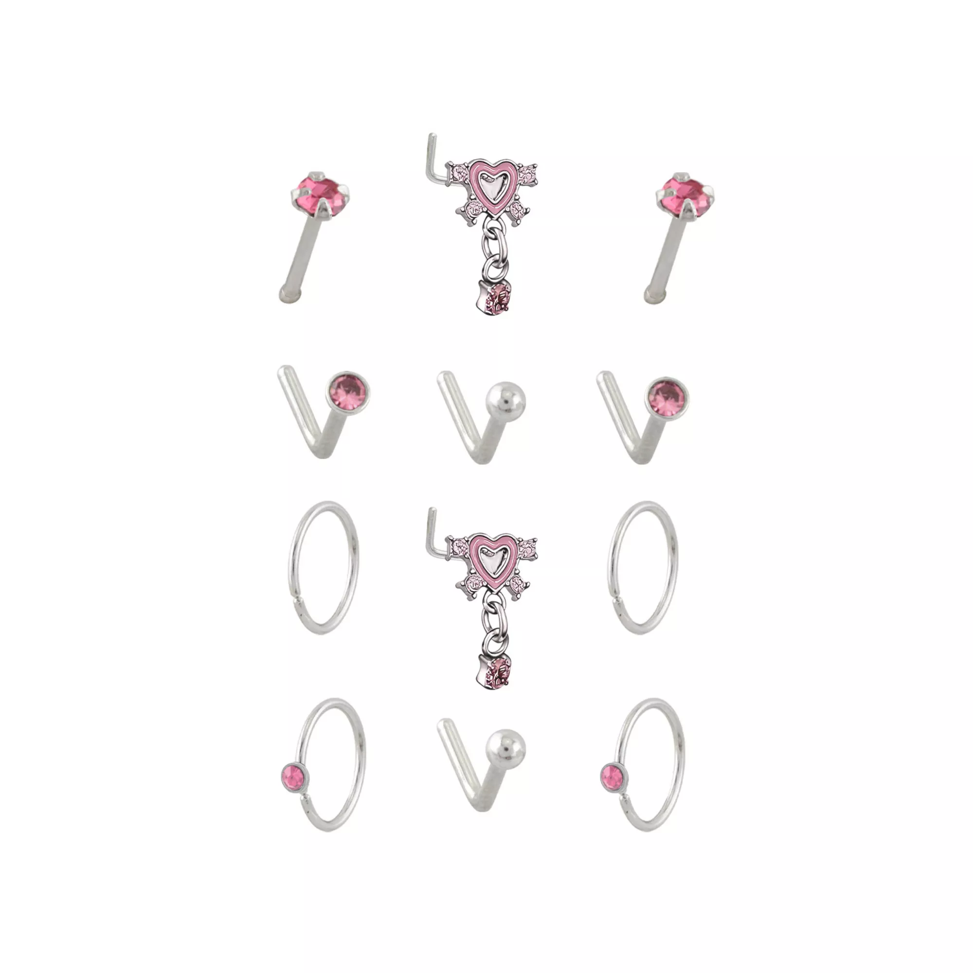 Multi-Pack CZ Pink Heart Titanium L-Bend Pin and Hoop Nose Rings 12 Pack - 20 Gauge at Spencer's