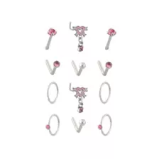 Multi-Pack CZ Pink Heart Titanium L-Bend Pin and Hoop Nose Rings 12 Pack - 20 Gauge at Spencer's