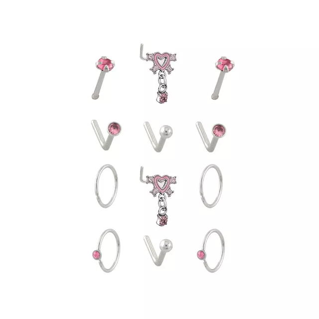 Multi-Pack CZ Pink Heart Titanium L-Bend Pin and Hoop Nose Rings 12 Pack - 20 Gauge at Spencer's