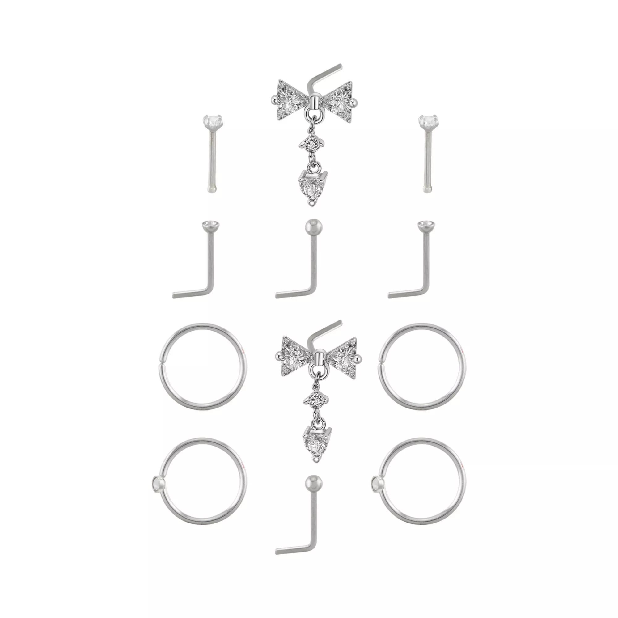 Multi-Pack CZ Titanium L-Bend Pin and Hoop Nose Rings 12 Pack - 20 Gauge at Spencer's