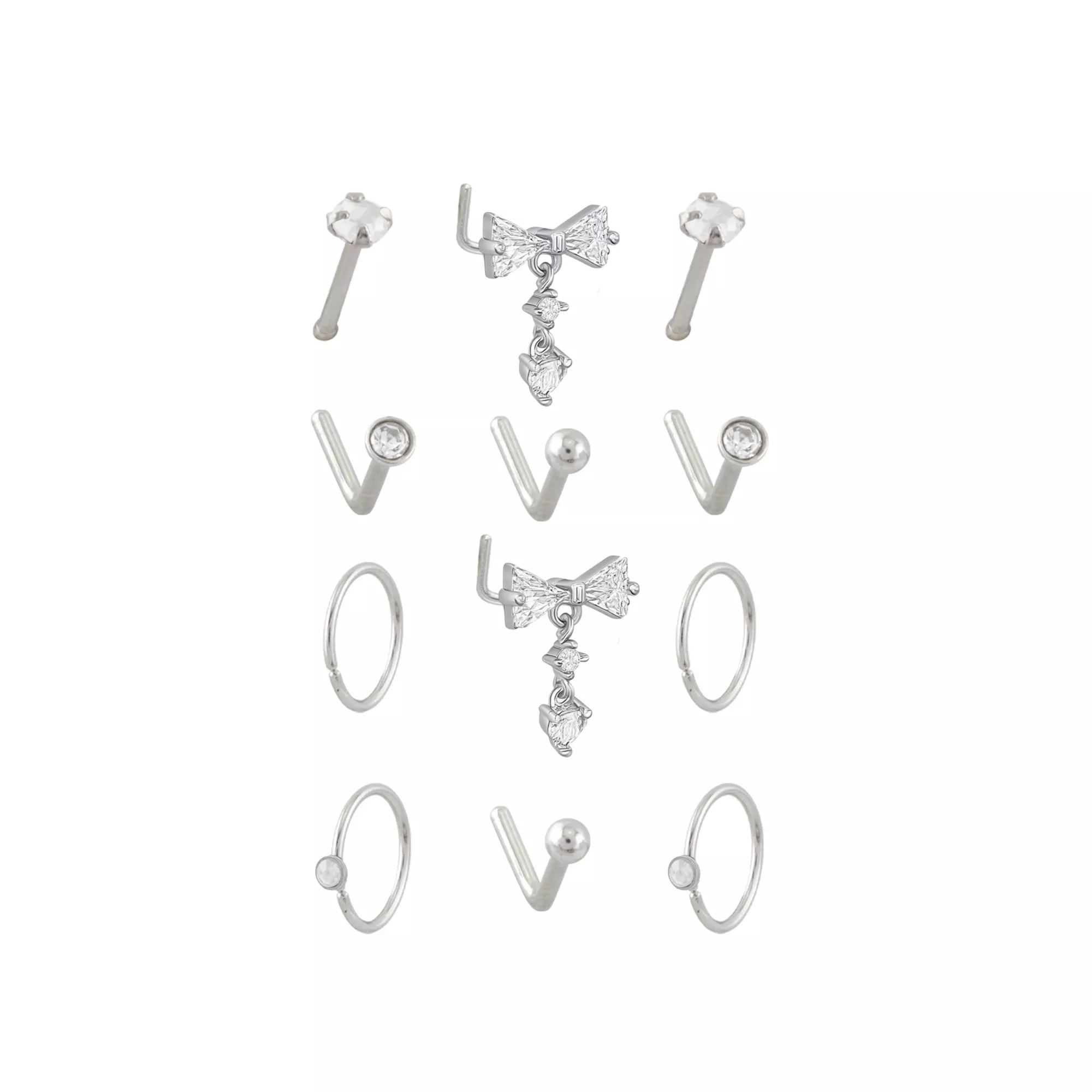 Multi-Pack CZ Titanium L-Bend Pin and Hoop Nose Rings 12 Pack - 20 Gauge at Spencer's