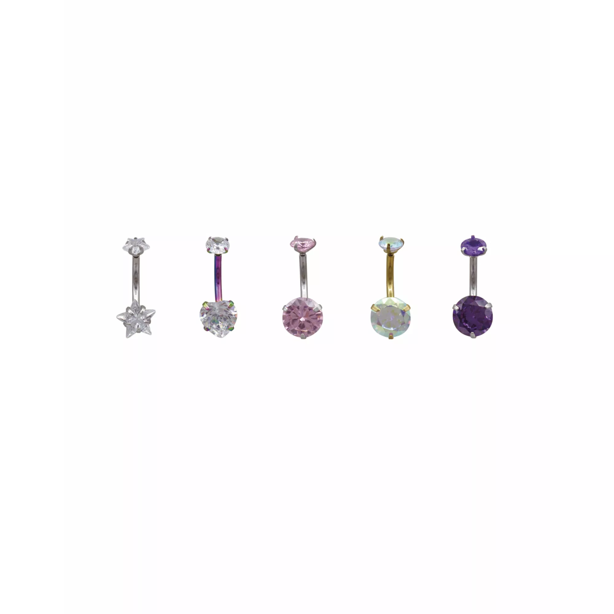 Multi-Pack Multicolor CZ Heart Star and Round Mixed Metal Belly Rings 5 Pack - 14 Gauge