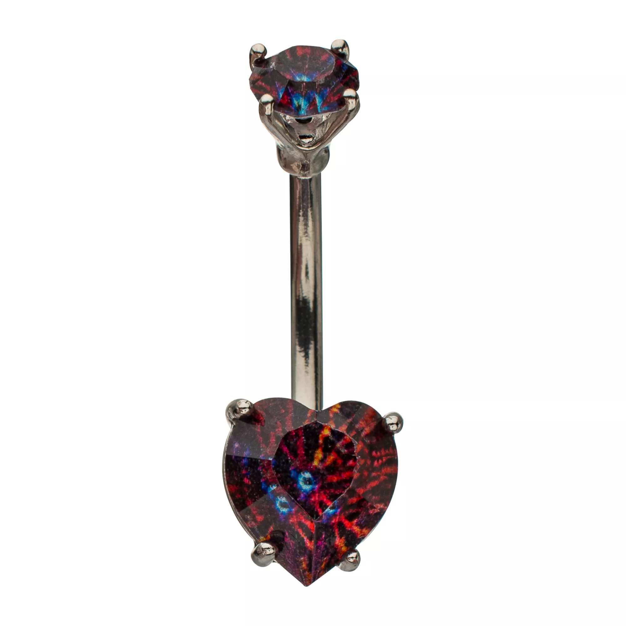 Iridescent Red CZ Heart Silver-Tone Belly Ring - 14 Gauge