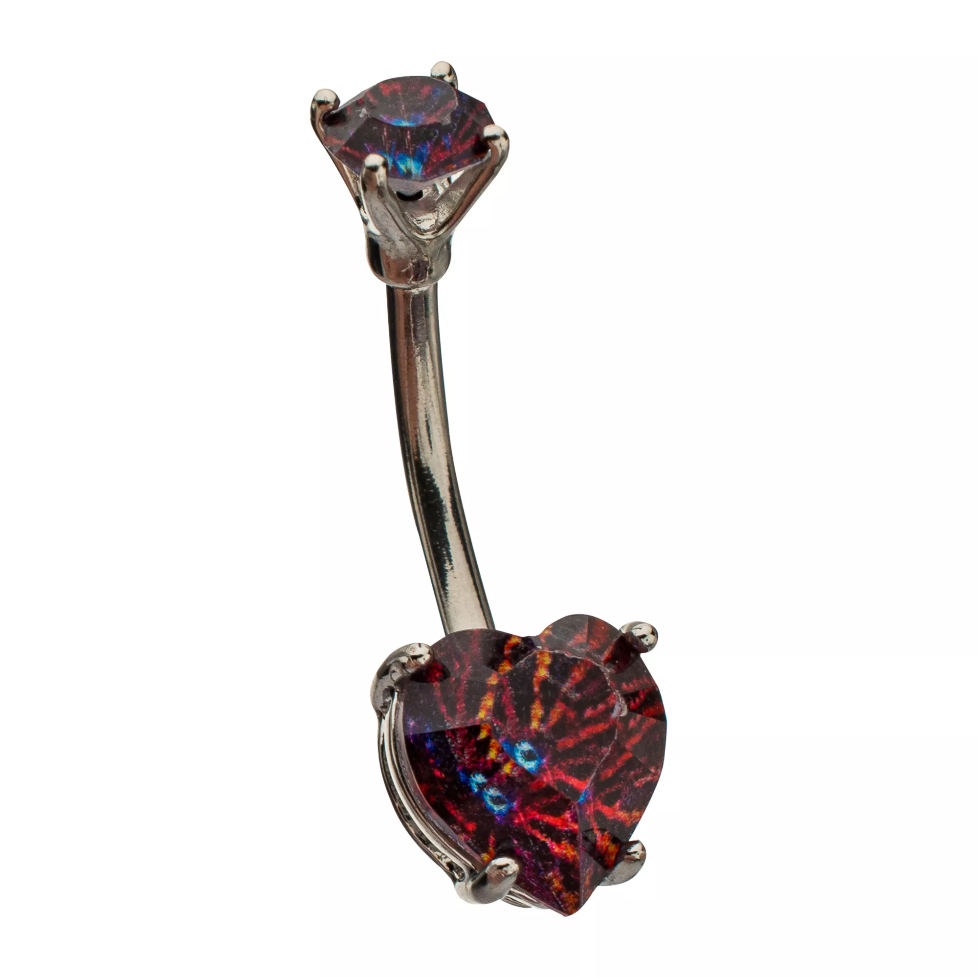 Iridescent Red CZ Heart Silver-Tone Belly Ring - 14 Gauge