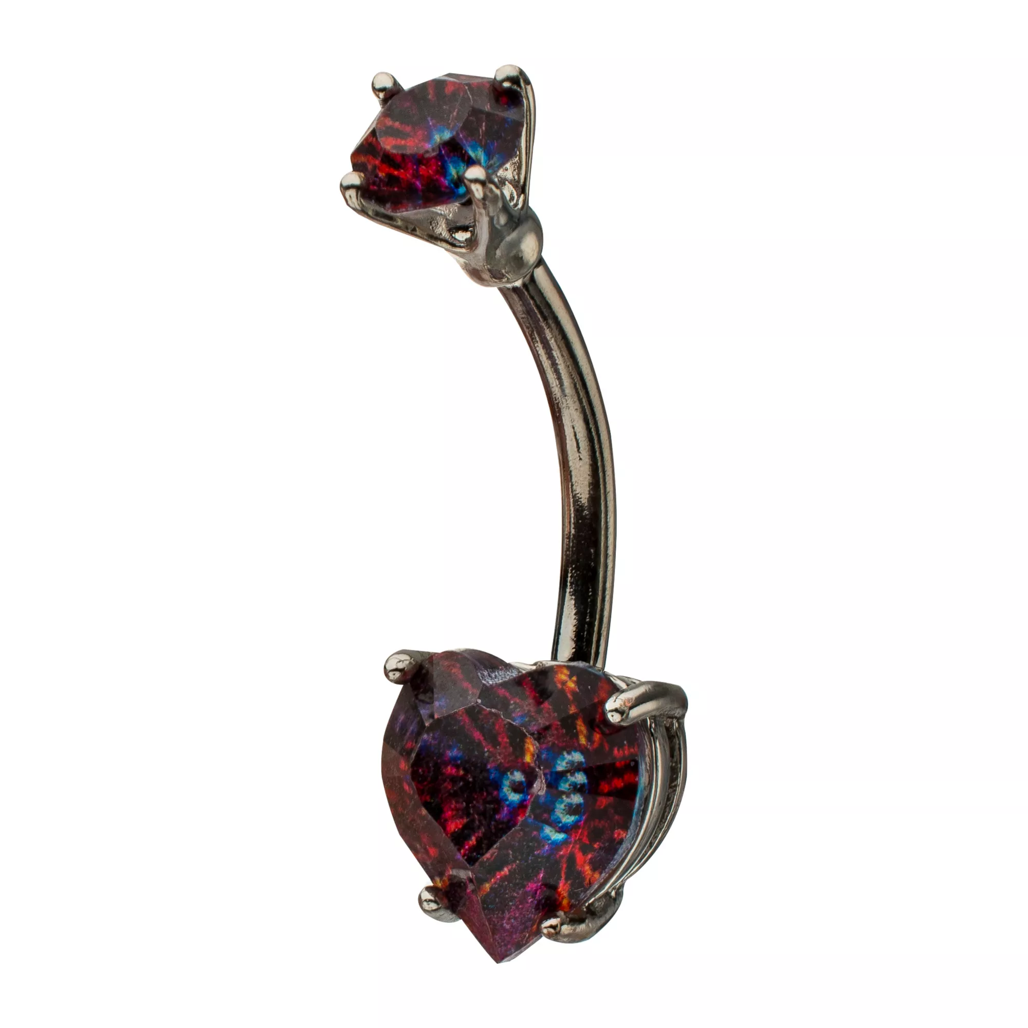 Iridescent Red CZ Heart Silver-Tone Belly Ring - 14 Gauge
