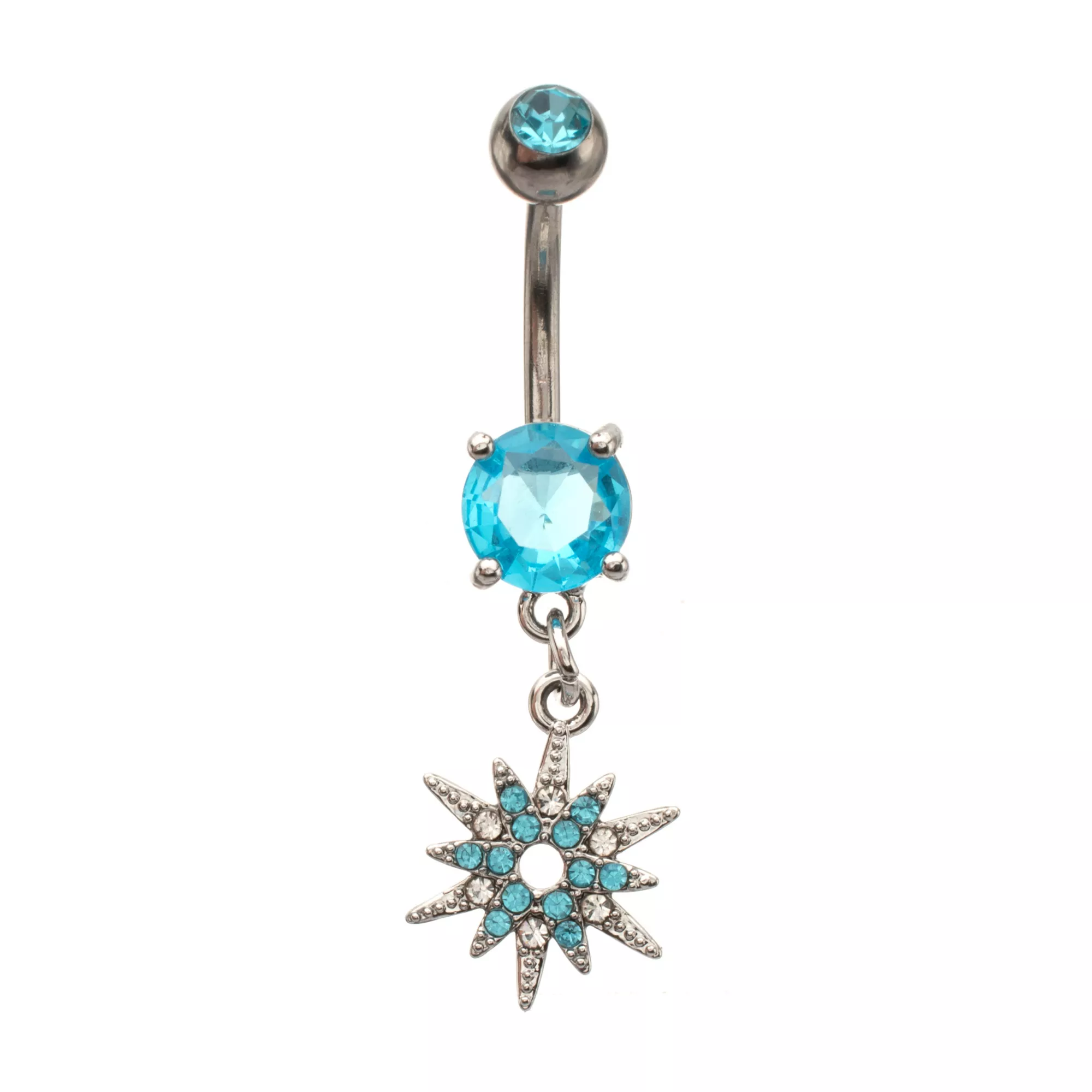 Silver-Tone Blue CZ Northern Star Dangle Belly Ring - 14 Gauge