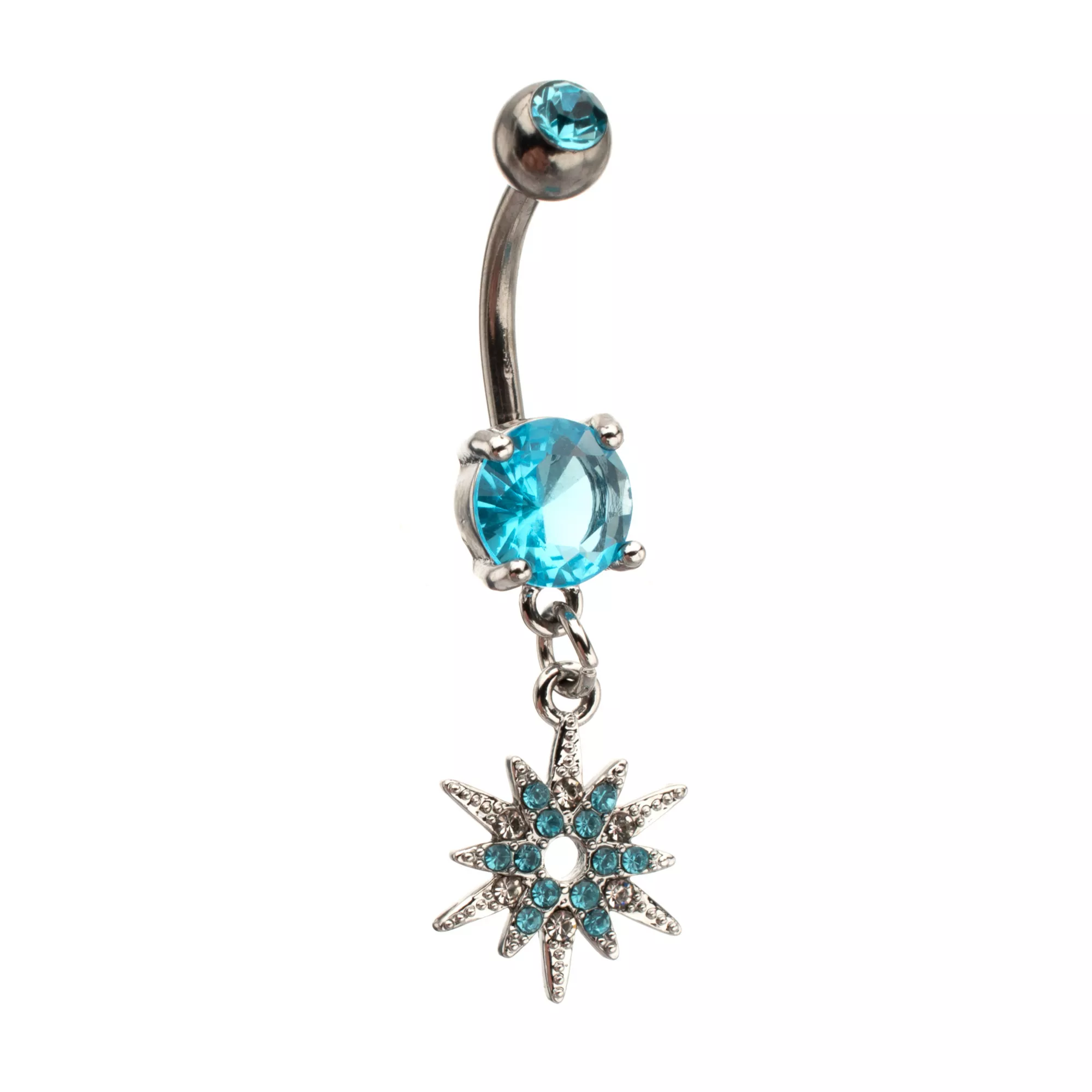 Silver-Tone Blue CZ Northern Star Dangle Belly Ring - 14 Gauge