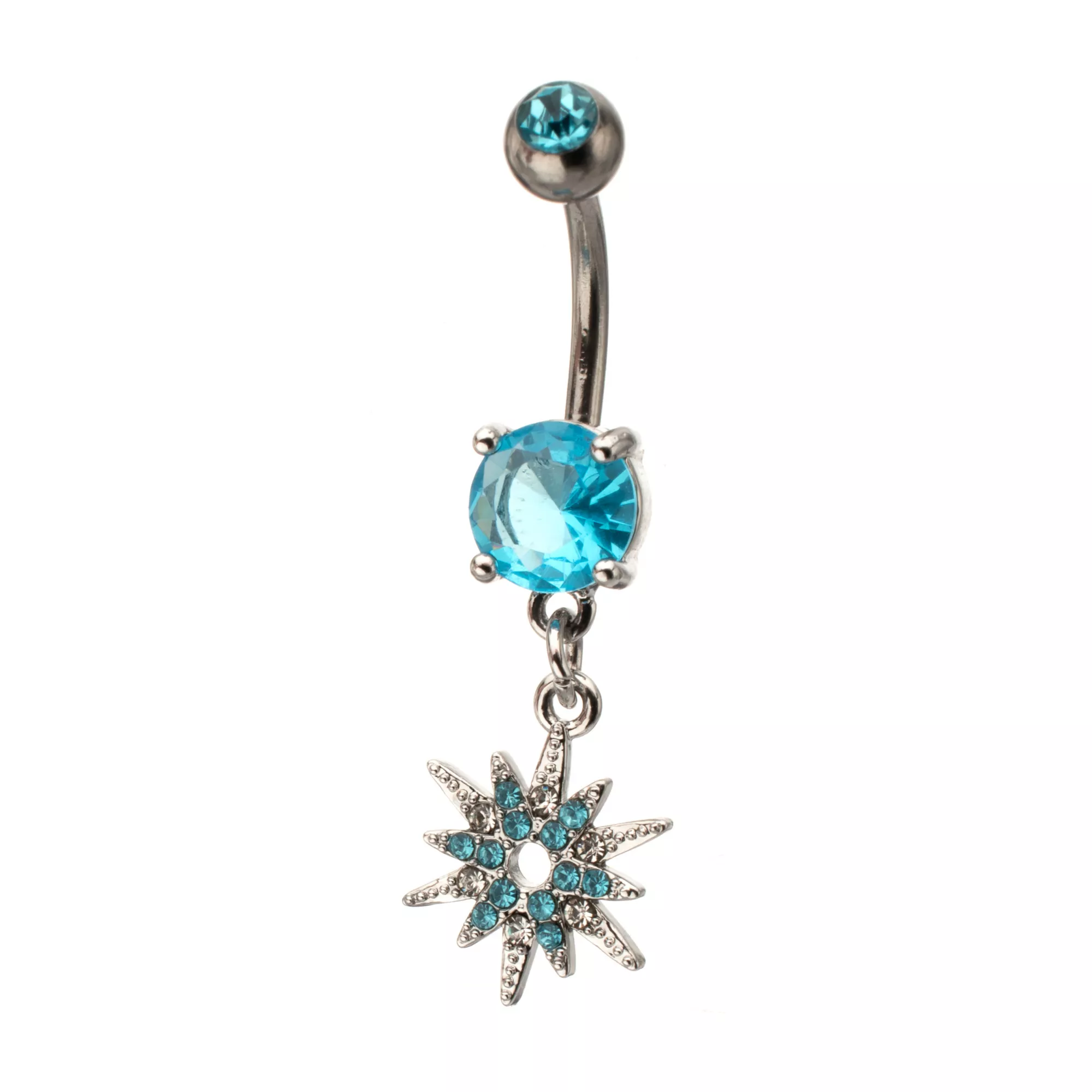 Silver-Tone Blue CZ Northern Star Dangle Belly Ring - 14 Gauge