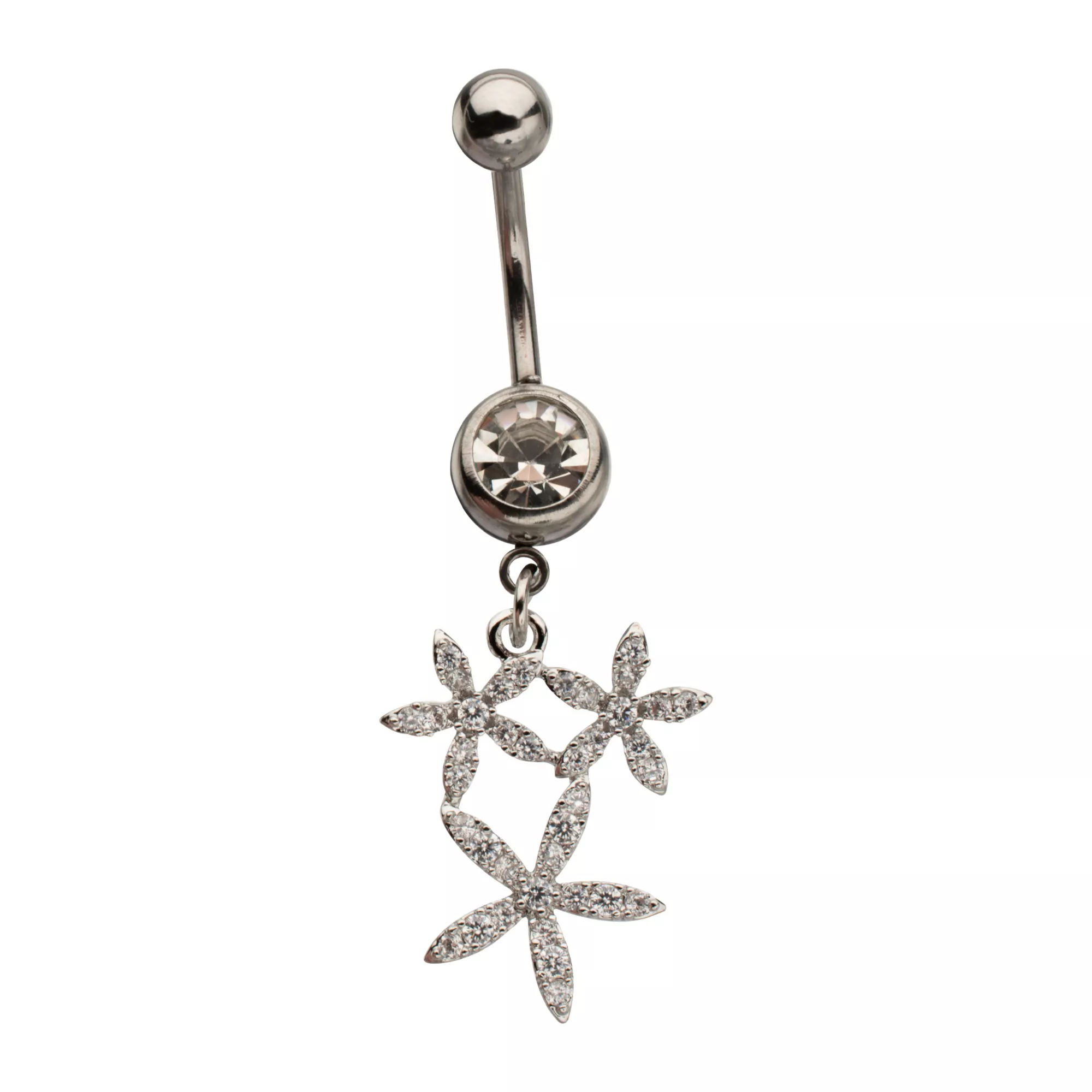 CZ Silver-Tone Triple Flower Dangle Belly Ring - 14 Gauge
