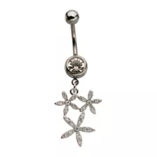 CZ Silver-Tone Triple Flower Dangle Belly Ring - 14 Gauge at Spencer's