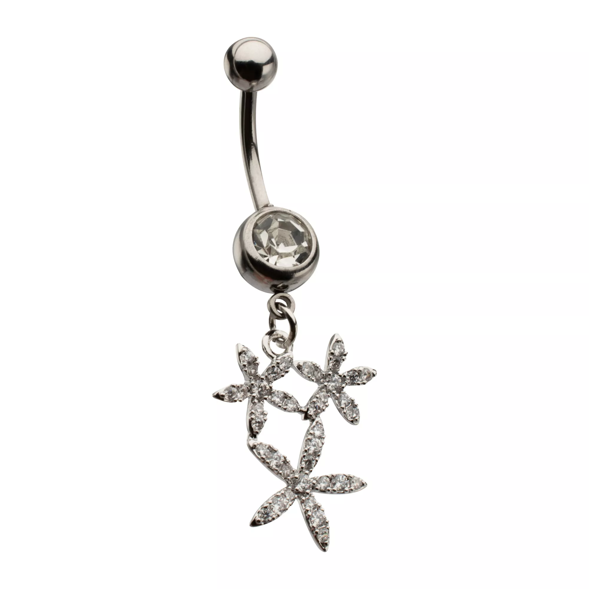CZ Silver-Tone Triple Flower Dangle Belly Ring - 14 Gauge