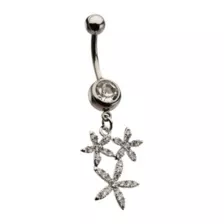 CZ Silver-Tone Triple Flower Dangle Belly Ring - 14 Gauge at Spencer's