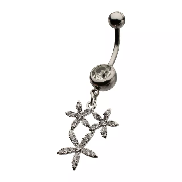 CZ Silver-Tone Triple Flower Dangle Belly Ring - 14 Gauge at Spencer's
