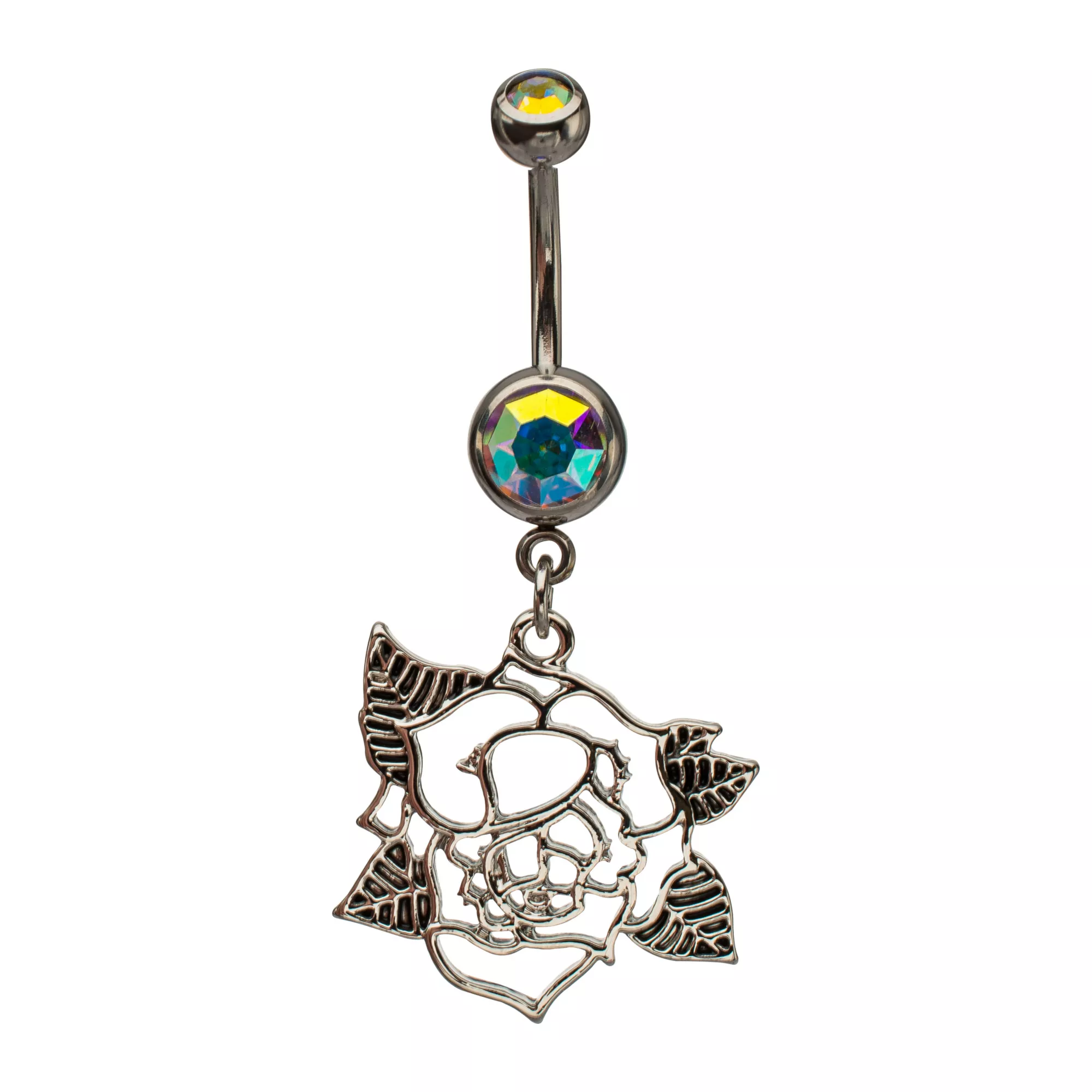 Iridescent CZ Rose Silver-Tone Dangle Belly Ring - 14 Gauge