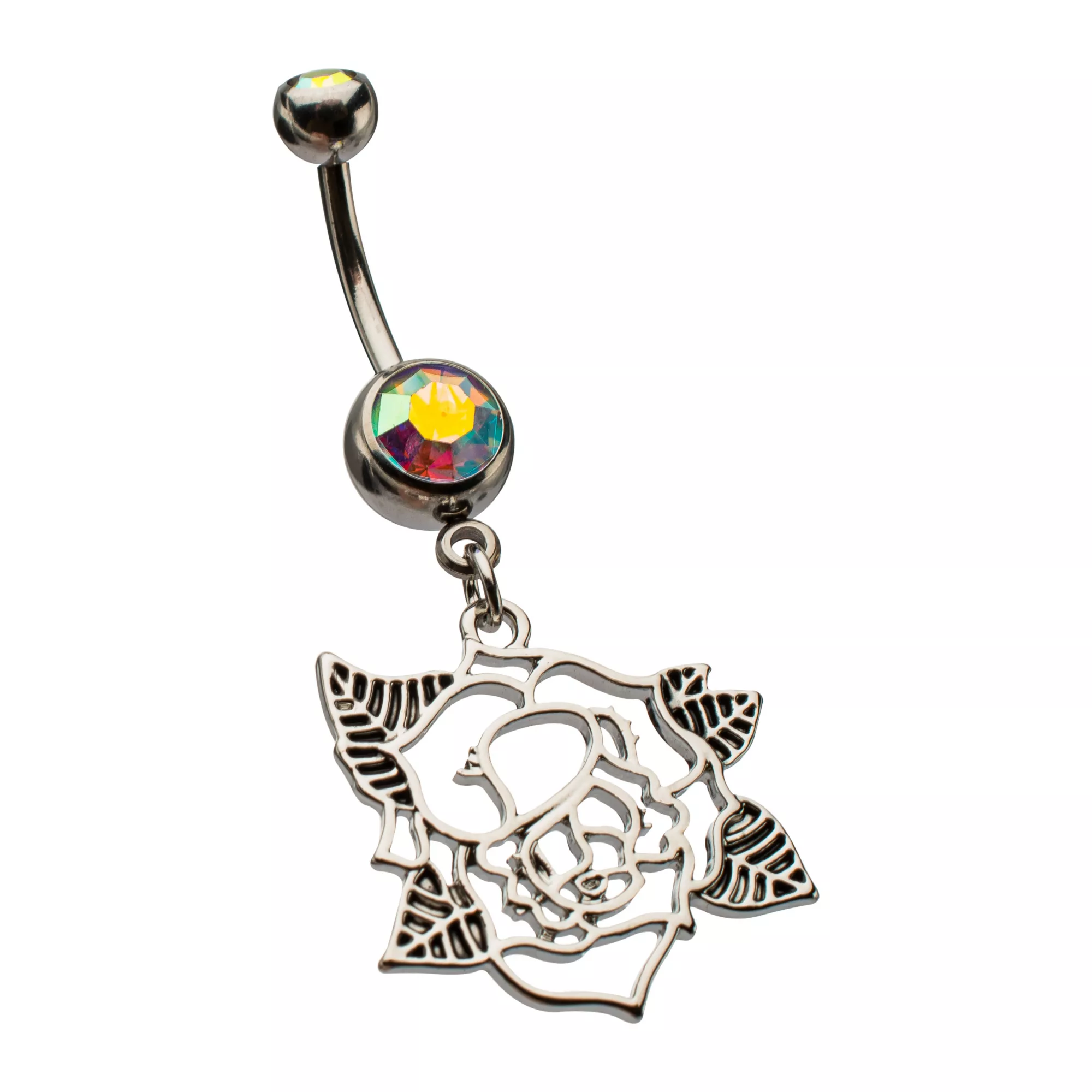 Iridescent CZ Rose Silver-Tone Dangle Belly Ring - 14 Gauge