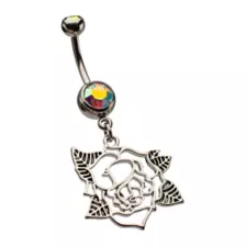 Iridescent CZ Rose Silver-Tone Dangle Belly Ring - 14 Gauge at Spencer's