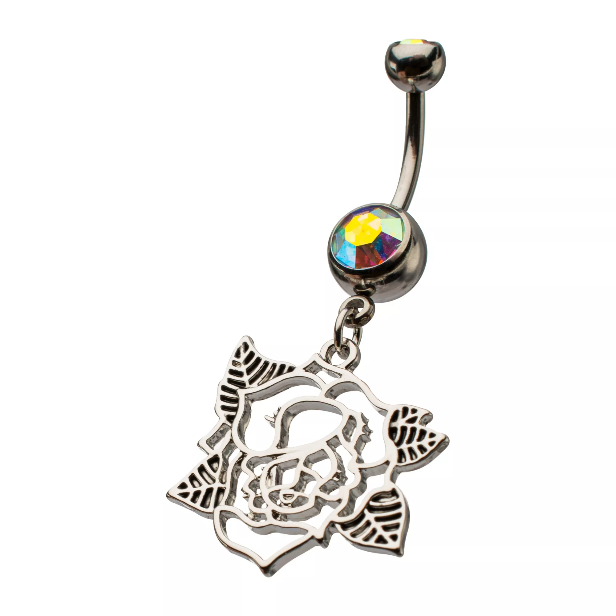 Iridescent CZ Rose Silver-Tone Dangle Belly Ring - 14 Gauge