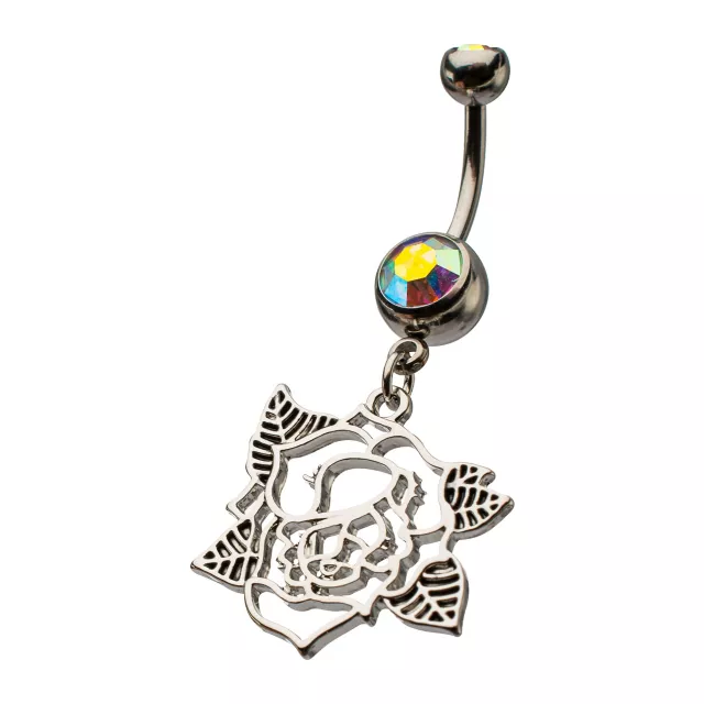 Iridescent CZ Rose Silver-Tone Dangle Belly Ring - 14 Gauge at Spencer's