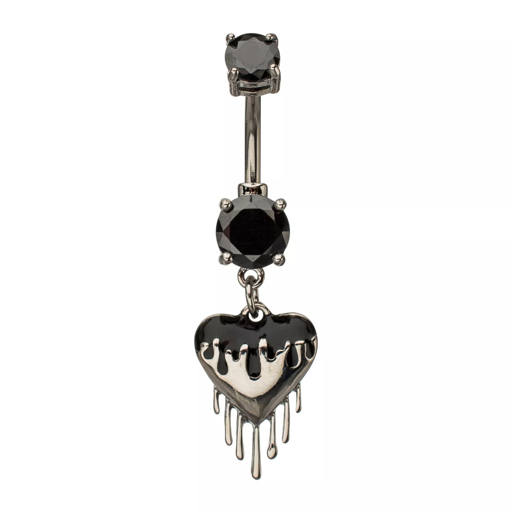 Black CZ Drip Heart Silver-Tone Dangle Belly Ring - 14 Gauge