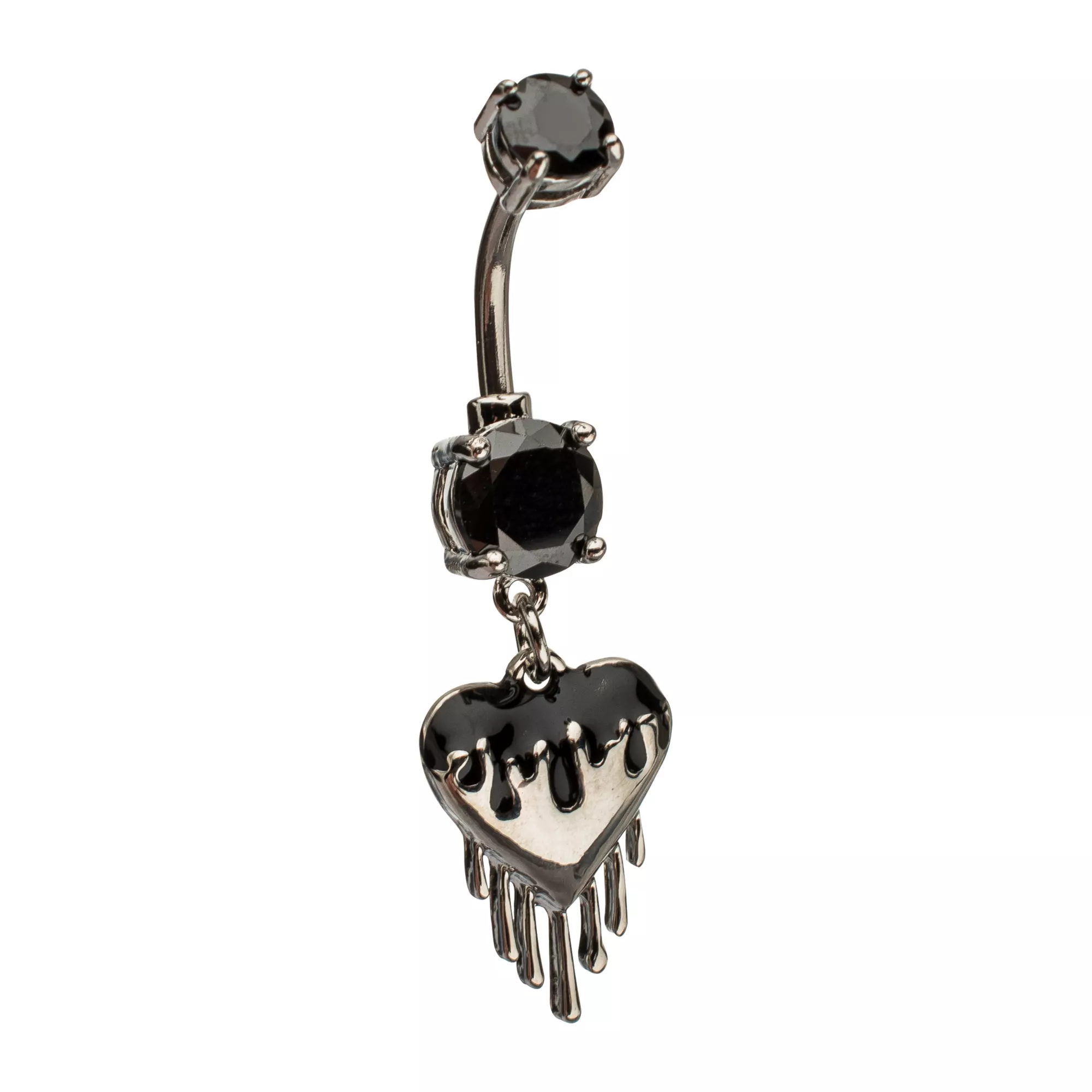 Black CZ Drip Heart Silver-Tone Dangle Belly Ring - 14 Gauge