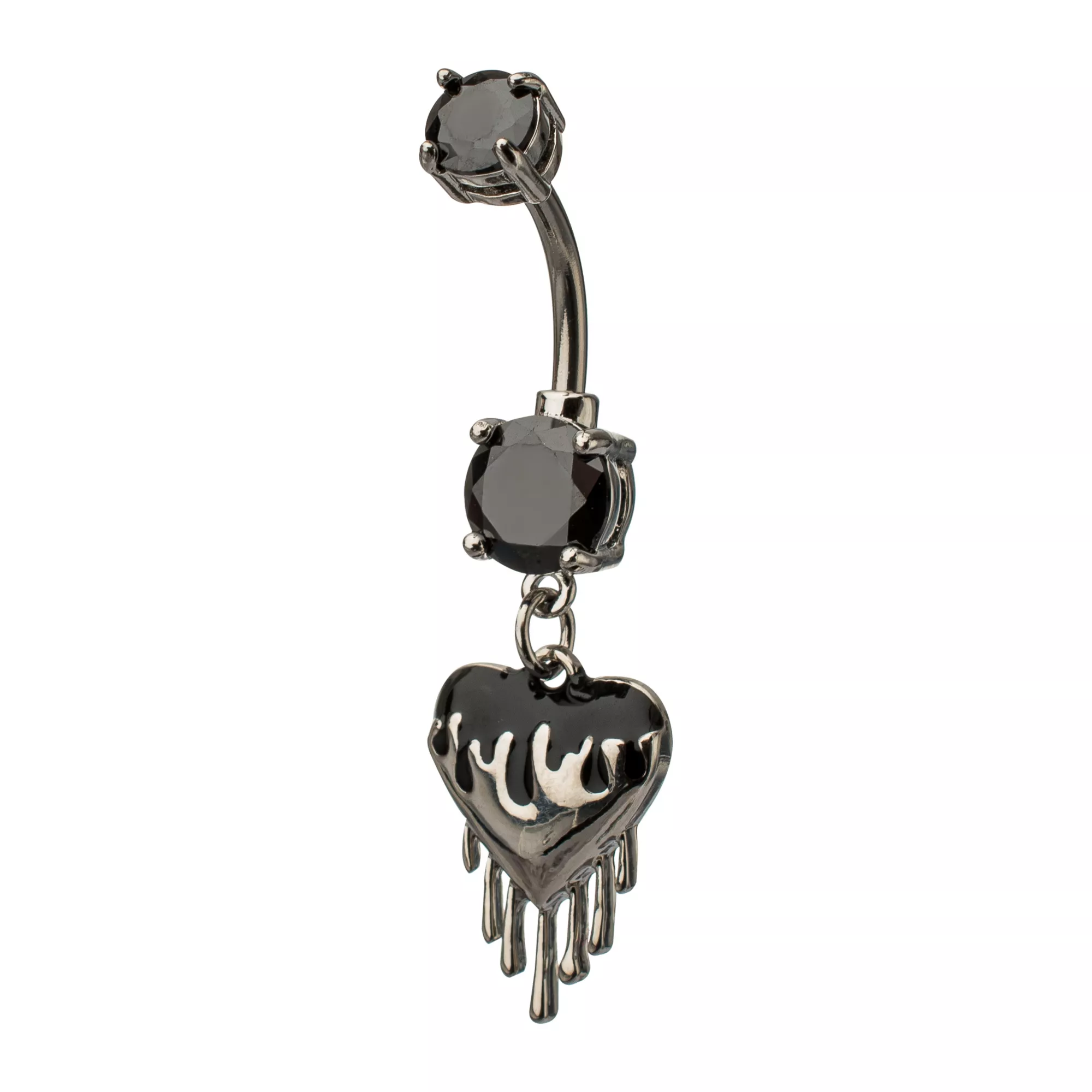 Black CZ Drip Heart Silver-Tone Dangle Belly Ring - 14 Gauge
