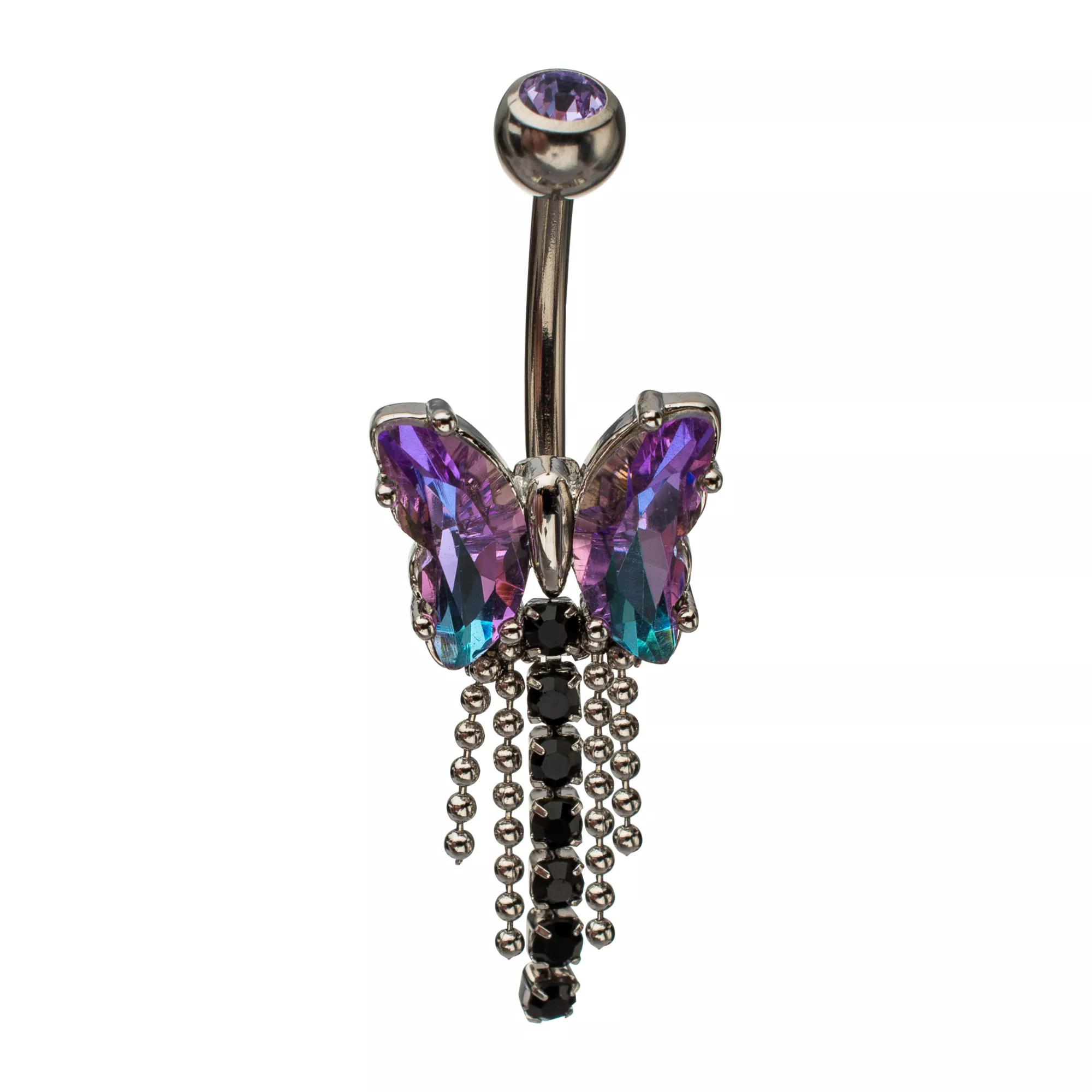 Iridescent Purple and Black CZ Butterfly Silver-Tone Titanium Dangle Belly Ring - 14 Gauge at Spencer's