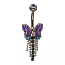 Iridescent Purple and Black CZ Butterfly Silver-Tone Titanium Dangle Belly Ring - 14 Gauge at Spencer's